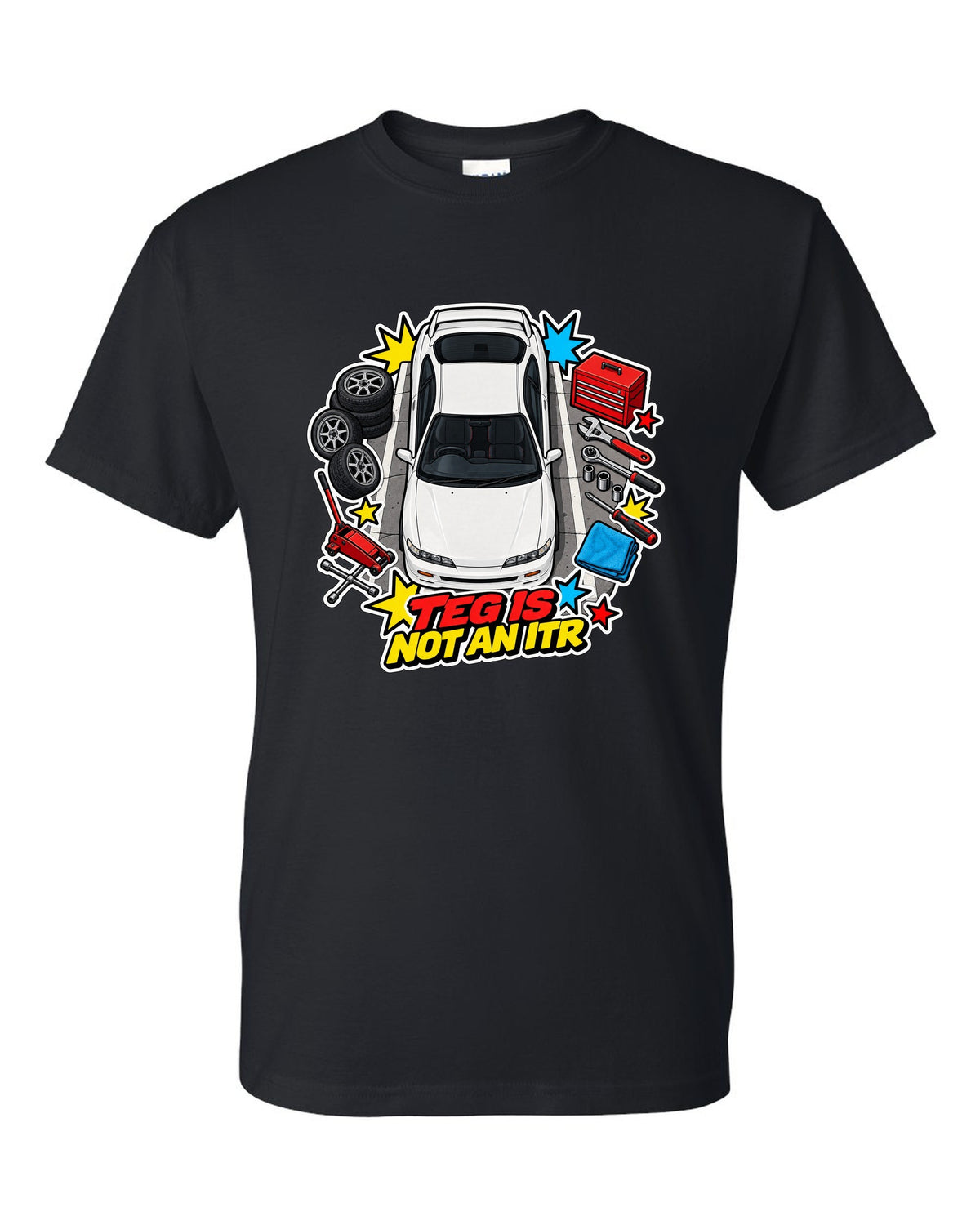 Retro Showa catalogue ad style print of a 2002 Honda Integra DC5 ch with K20A six speed text black t-shirt front view with the design