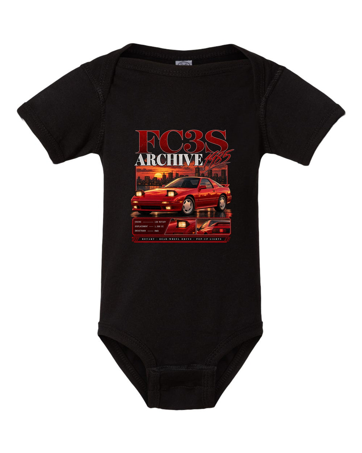 Archive panel print of a Mazda RX-7 FC3S with 13B rotary specs black baby onesie front view with the design