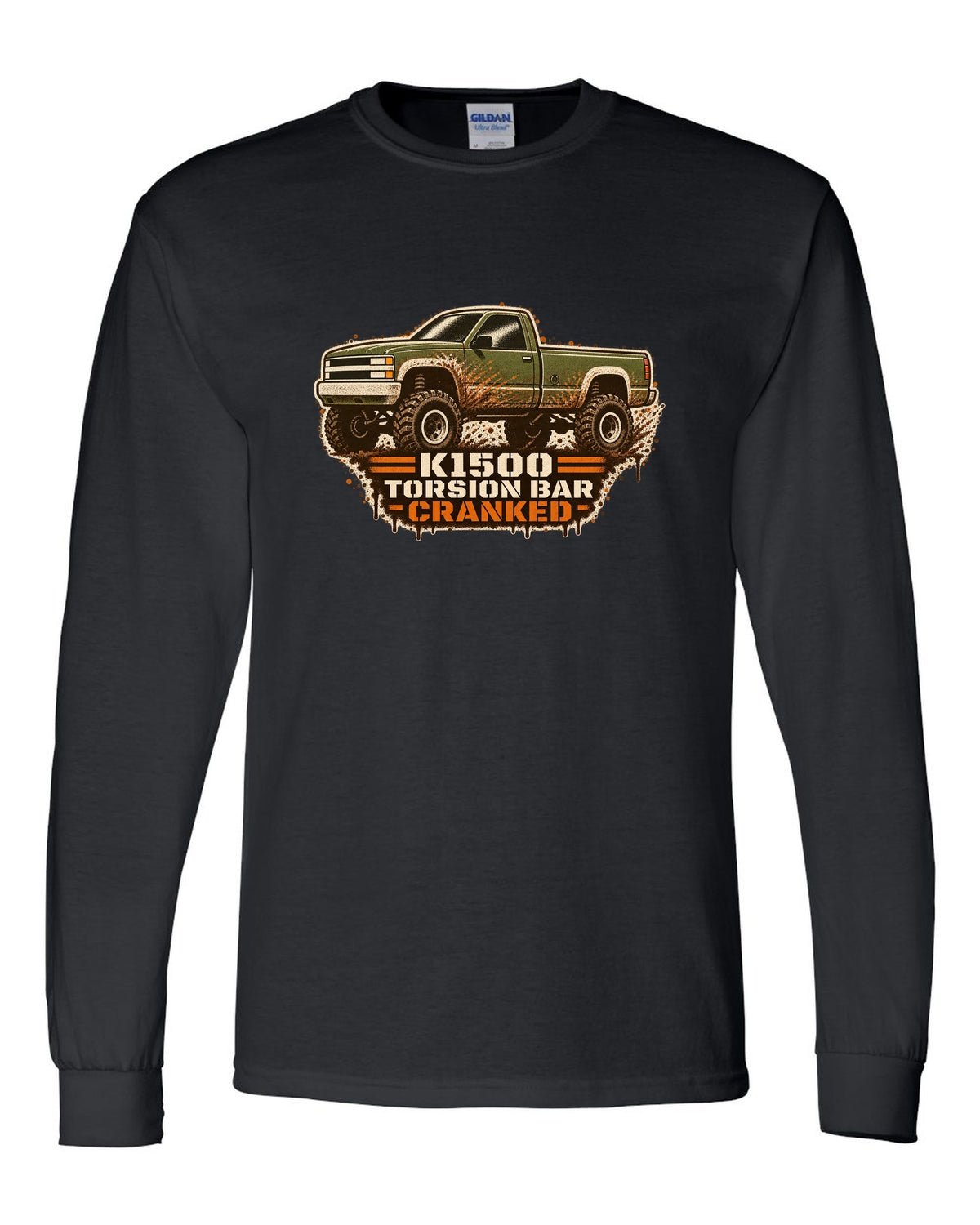 Stencil spray street-art print of a 1988-98 Chevrolet GMT400 K1500 Z71 OBS with torsion bar text black long sleeve front view with the design