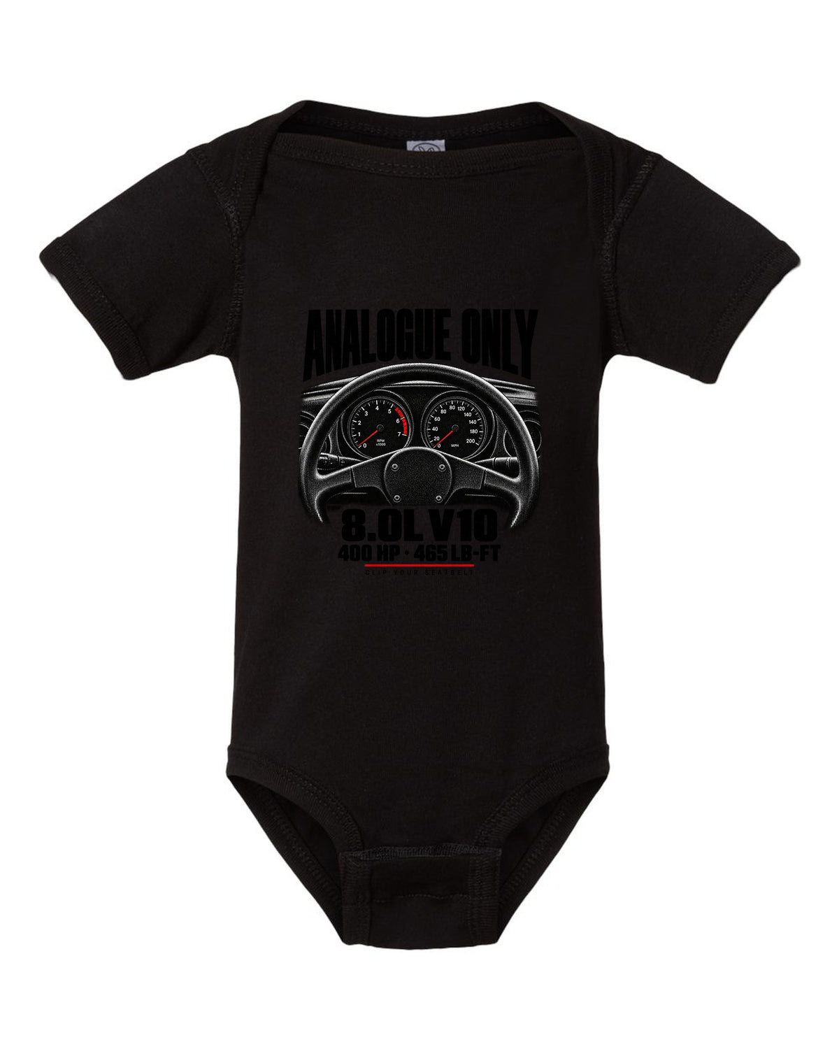 Cockpit gauge print of a 1994 Dodge Viper RT/10 SR I with analogue only and 8.0L V10 text black baby onesie front view with the design
