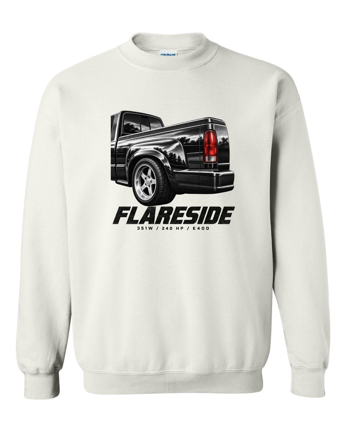 Ford F-150 SVT Lightning 1993-95 flareside taillight macro print with 351W and 240 HP white crewneck front view with the design
