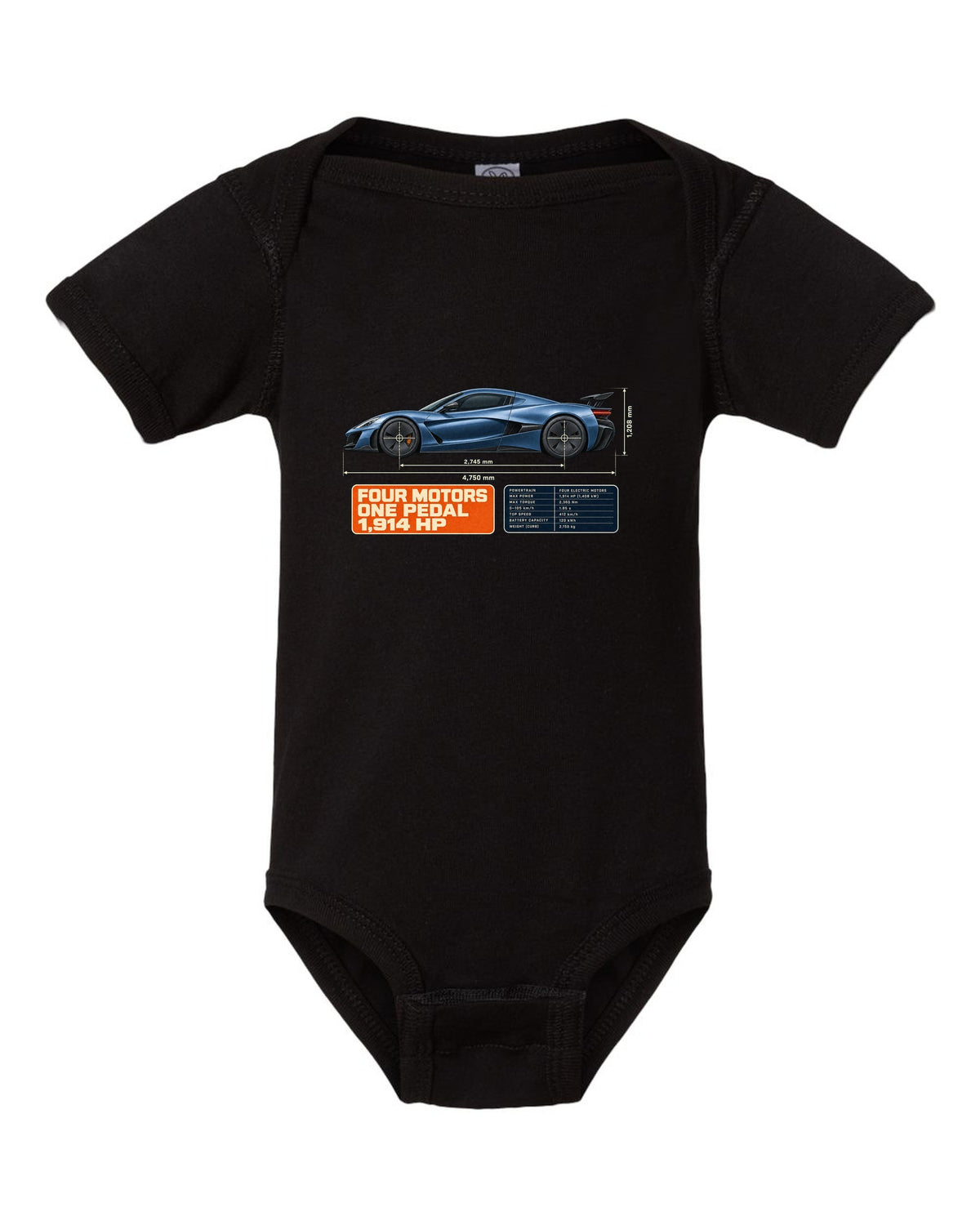 Rimac Nevera 2021 dimension blueprint print with four motors one pedal 1,914 hp text black baby onesie front view with the design