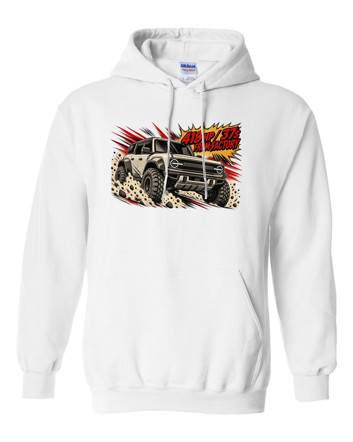 Retro manga halftone panel of a 2022 Ford Bronco Raptor jumping in the desert with 418 HP lettering white pull over hoodie front view with the design