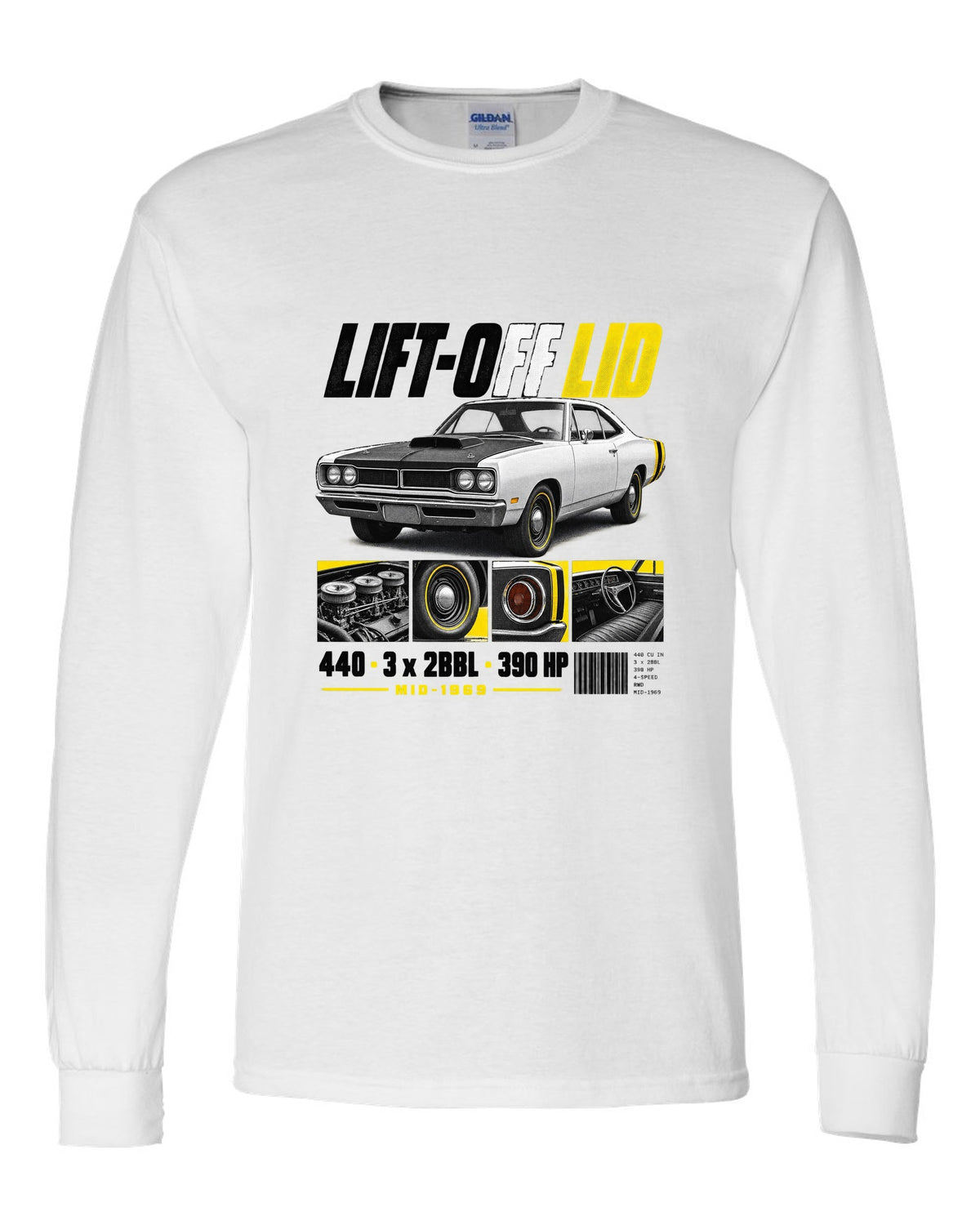 1969 Dodge Coronet Super Bee A12 dossier panel print with lift-off lid and 440 lettering white long sleeve front view with the design