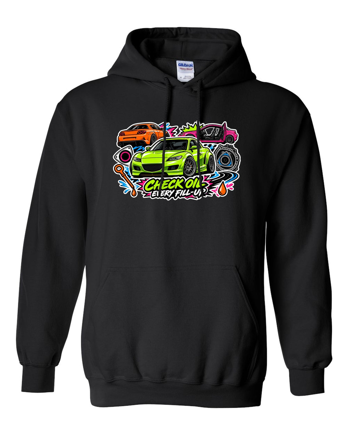 Retro synthwave sunset grid design for the Mazda RX-8 Renesis with 15 MPG ON A GOOD DAY lettering black pull over hoodie front view with the design