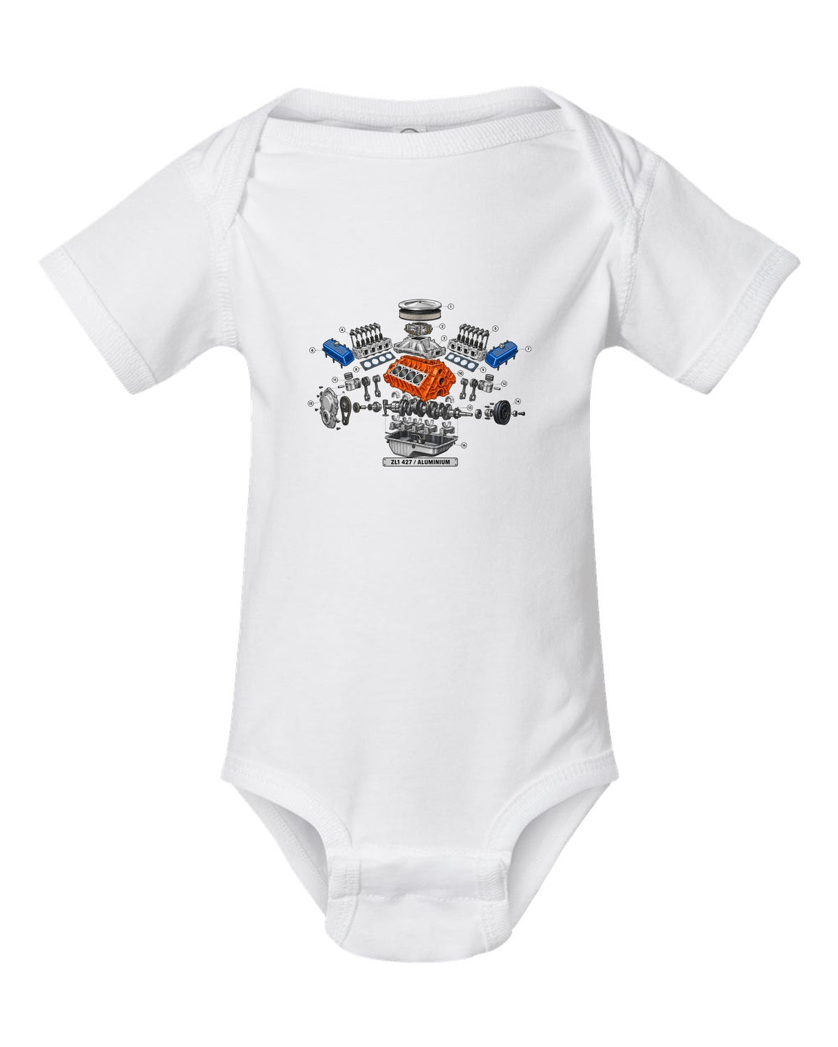 Isometric exploded diagram with numbered callouts of the 1969 Chevrolet Camaro ZL1 427 aluminum engine white baby onesie front view with the design