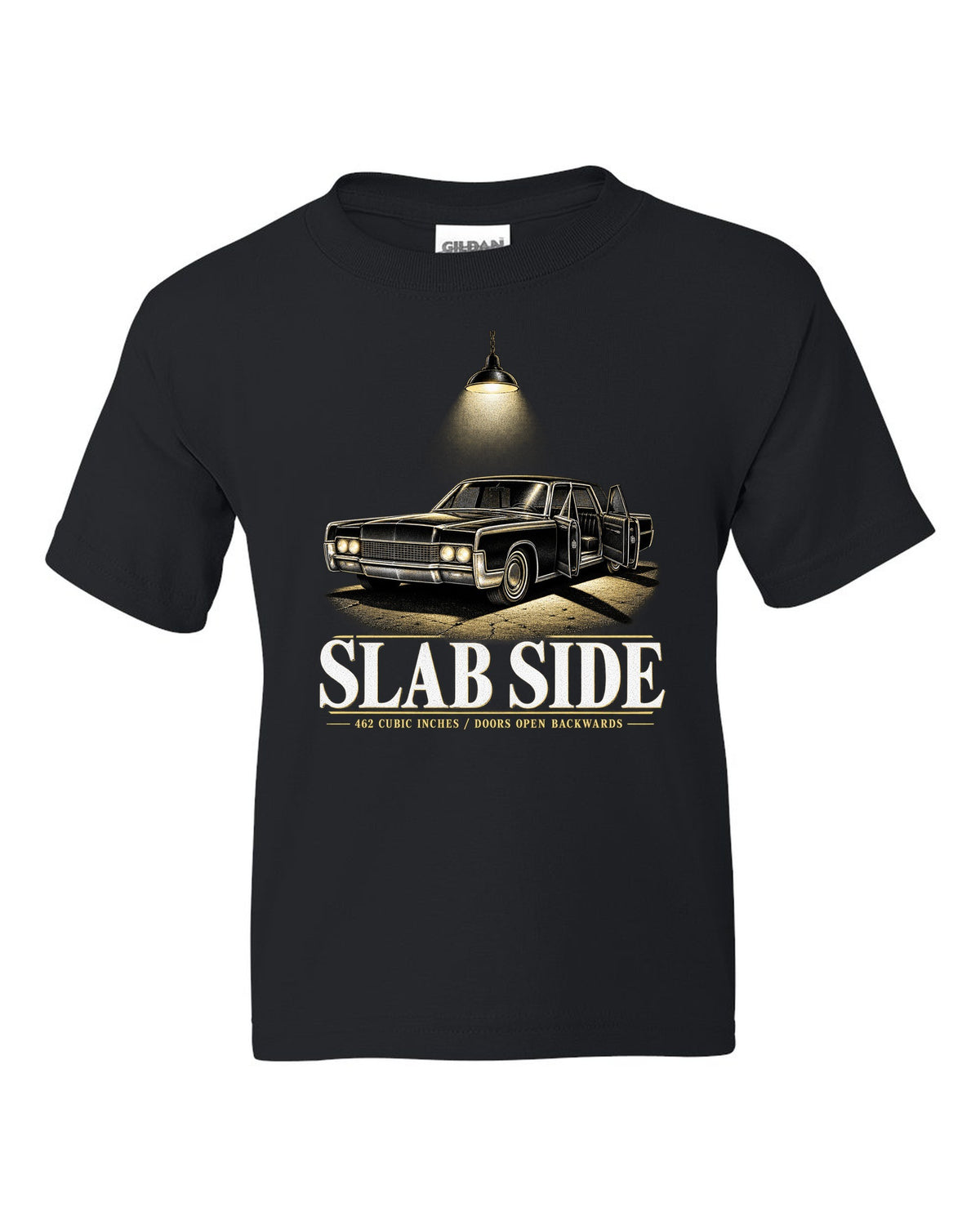 print of a 1966 Lincoln Continental fourth generation parked in a night garage black kids tee front view with the design