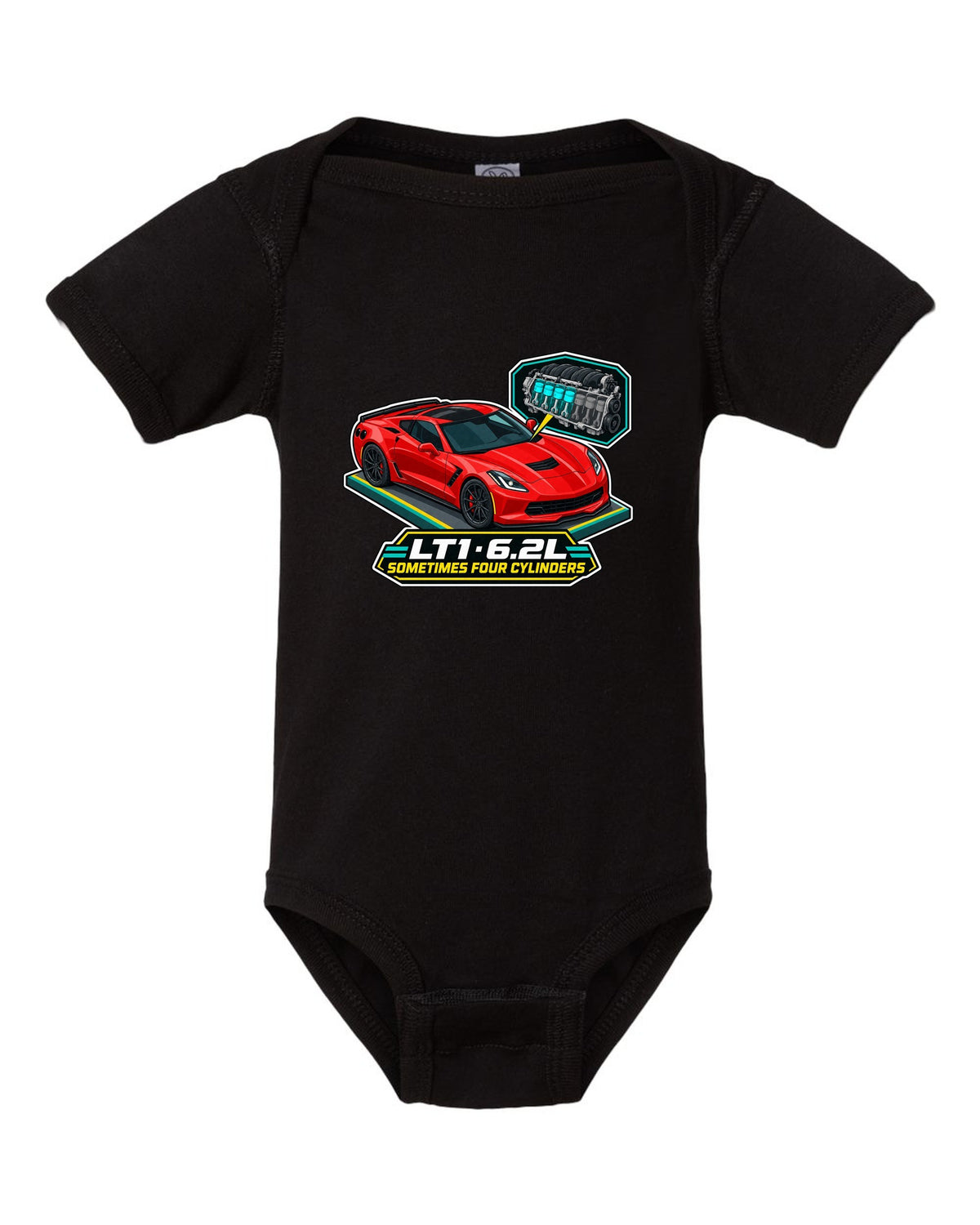 Art deco Le Mans night racing poster print of a yellow Chevrolet Corvette C8.R with LT1 6.2L lettering black baby onesie front view with the design