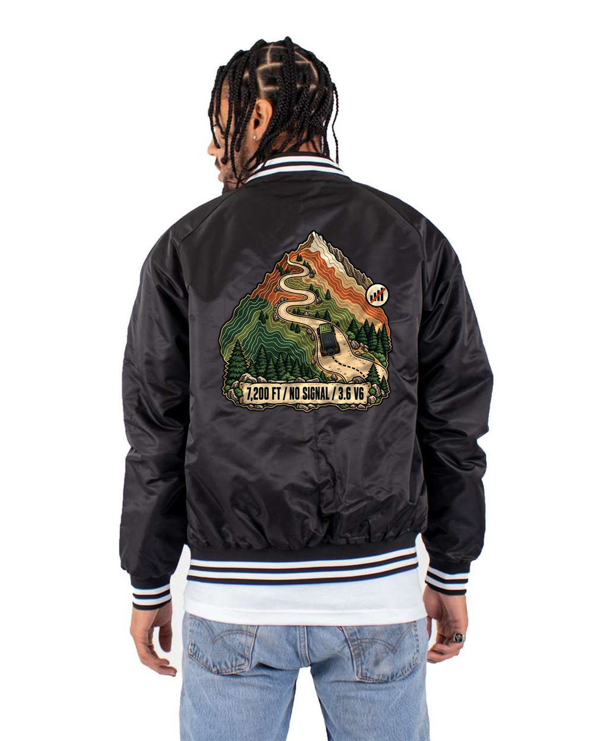 Jeep Wrangler JK Switchback Topographic Route Map Shirt, 3.6 V6 Bomber Jacket Black back