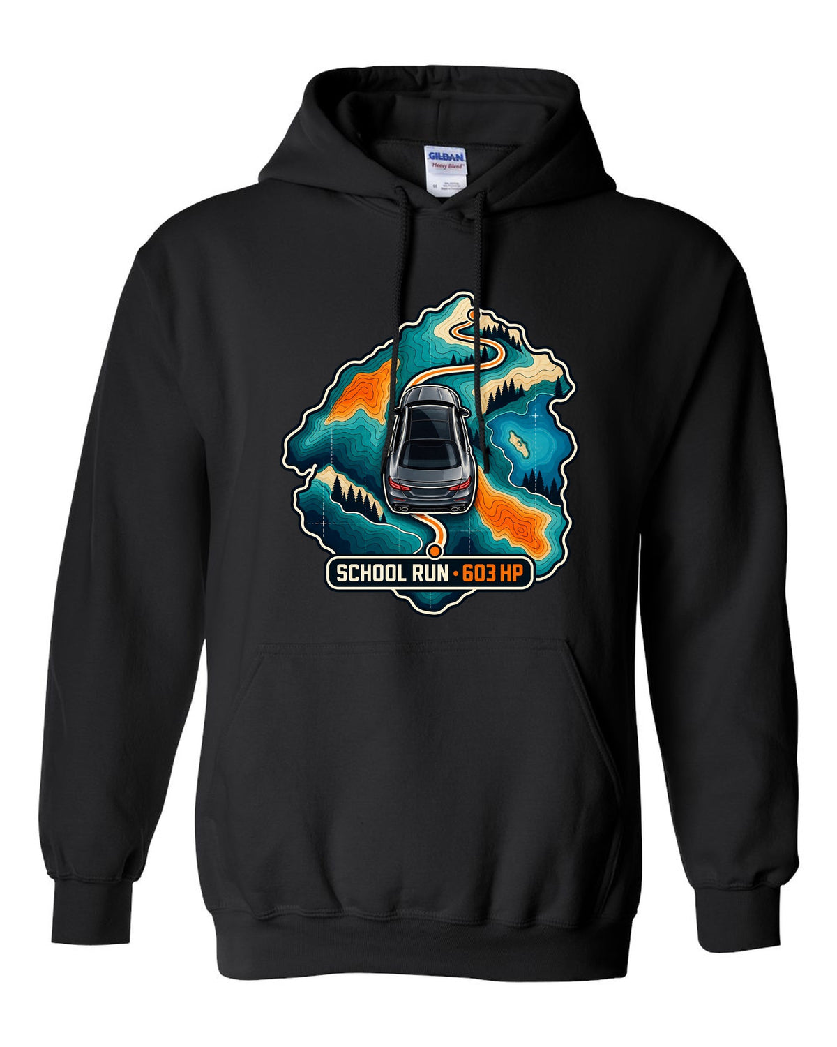 Topographic route map graphic reading School Run 603 HP for a Mercedes E63 W213, print black pull over hoodie front view with the design