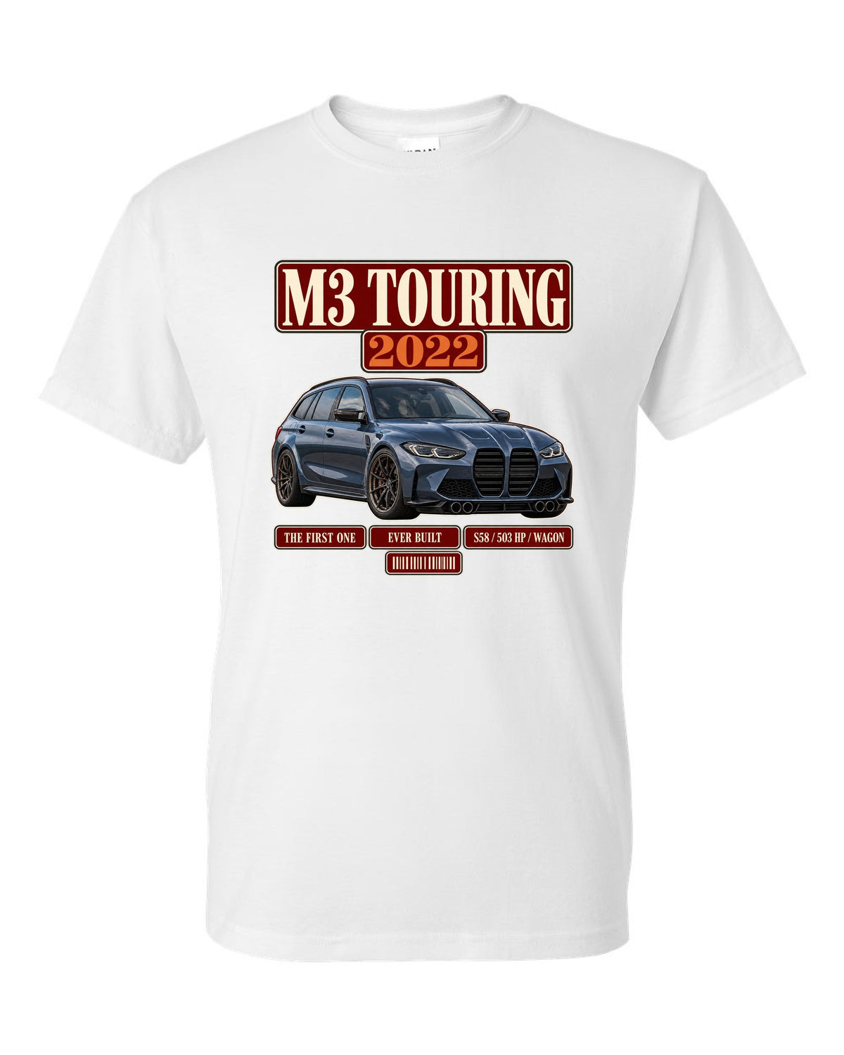 BMW M3 Touring G81 archive panel print with first ever built text white t-shirt front view with the design