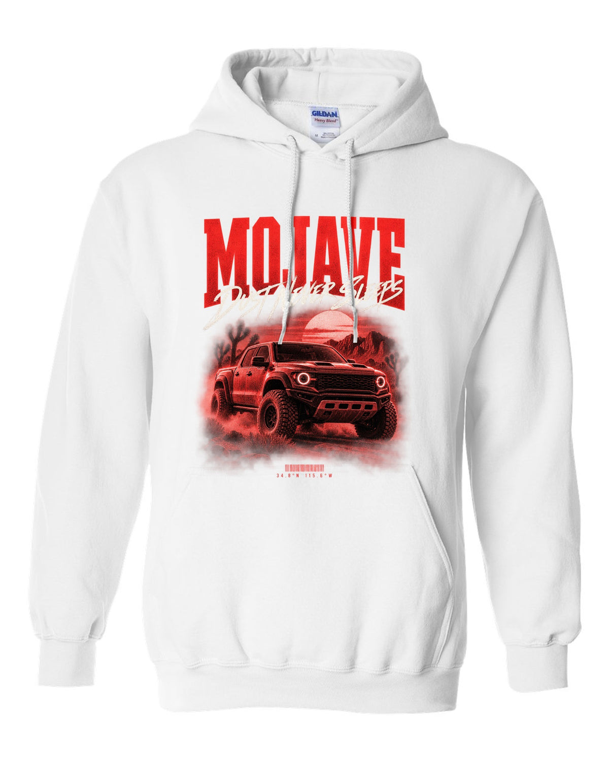 Jeep Gladiator JT Mojave street poster print with desert coordinates white pull over hoodie front view with the design
