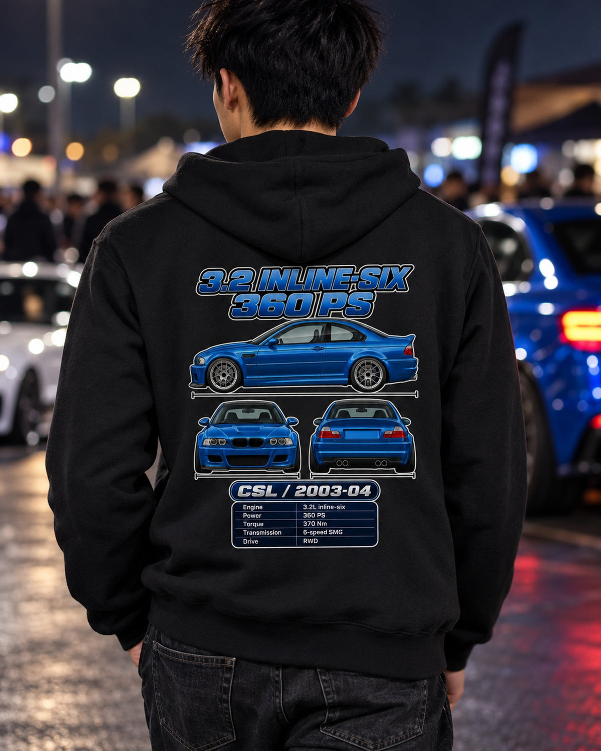 BMW M3 CSL E46 Spec Sheet Full-Back Graphic Tee Zip Hoodie Black worn hero