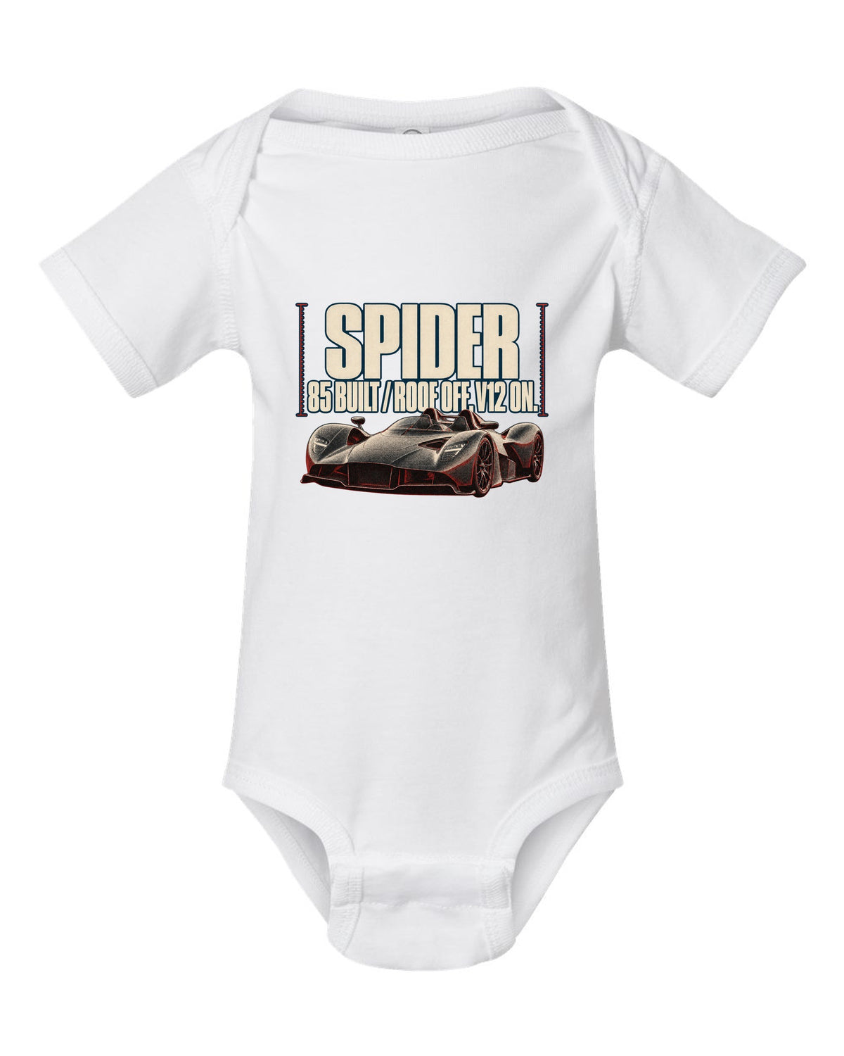 Aston Martin Valkyrie Spider 2022 halftone print with 85 built and roof off V12 on text white baby onesie front view with the design