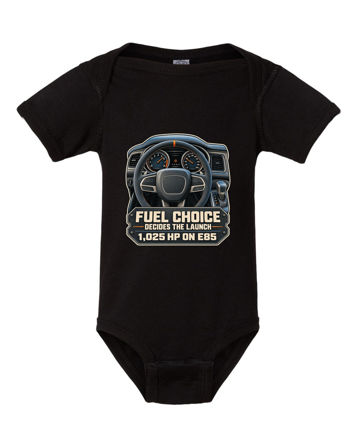 Dodge Challenger SRT Demon 170 cockpit gauge print with E85 1,025 HP text black baby onesie front view with the design