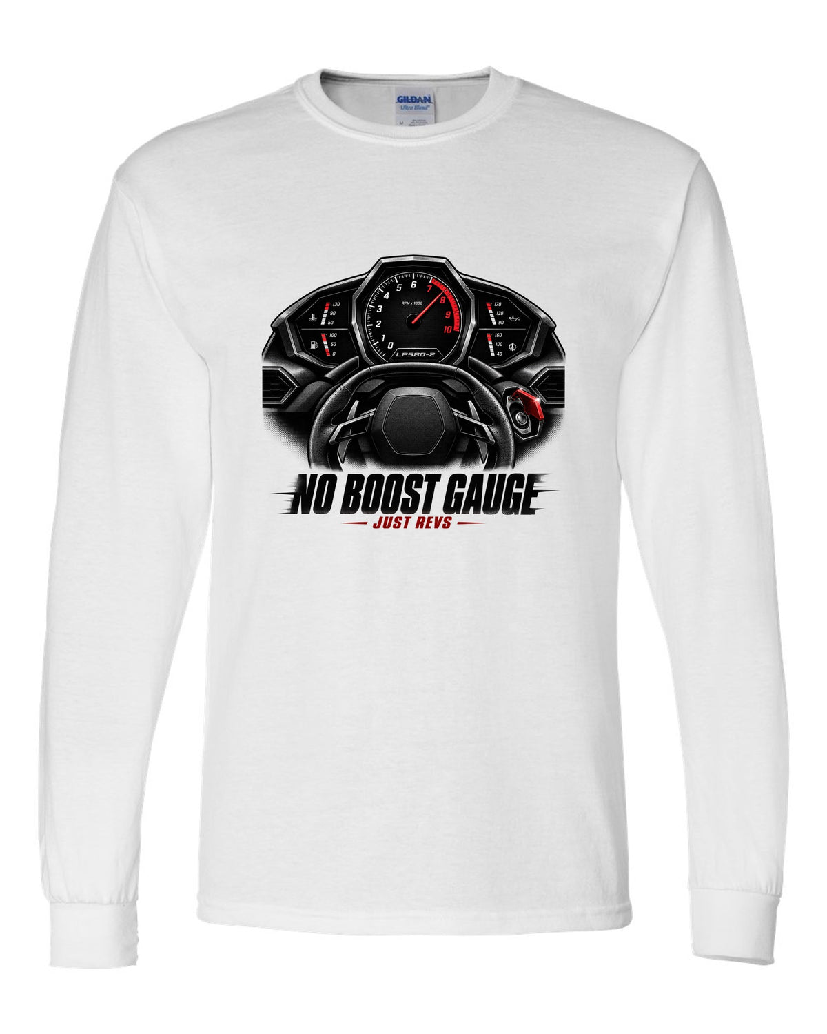 Cockpit gauge print of a Lamborghini Huracan LP580-2 with No Boost Gauge, Just Revs text white long sleeve front view with the design