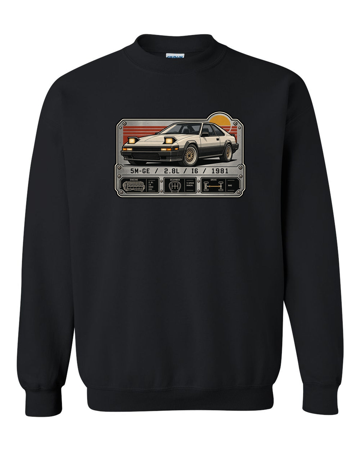 Spec-sheet data plate for the Toyota Supra A60 MA61 5M-GE 2.8L inline six black crewneck front view with the design