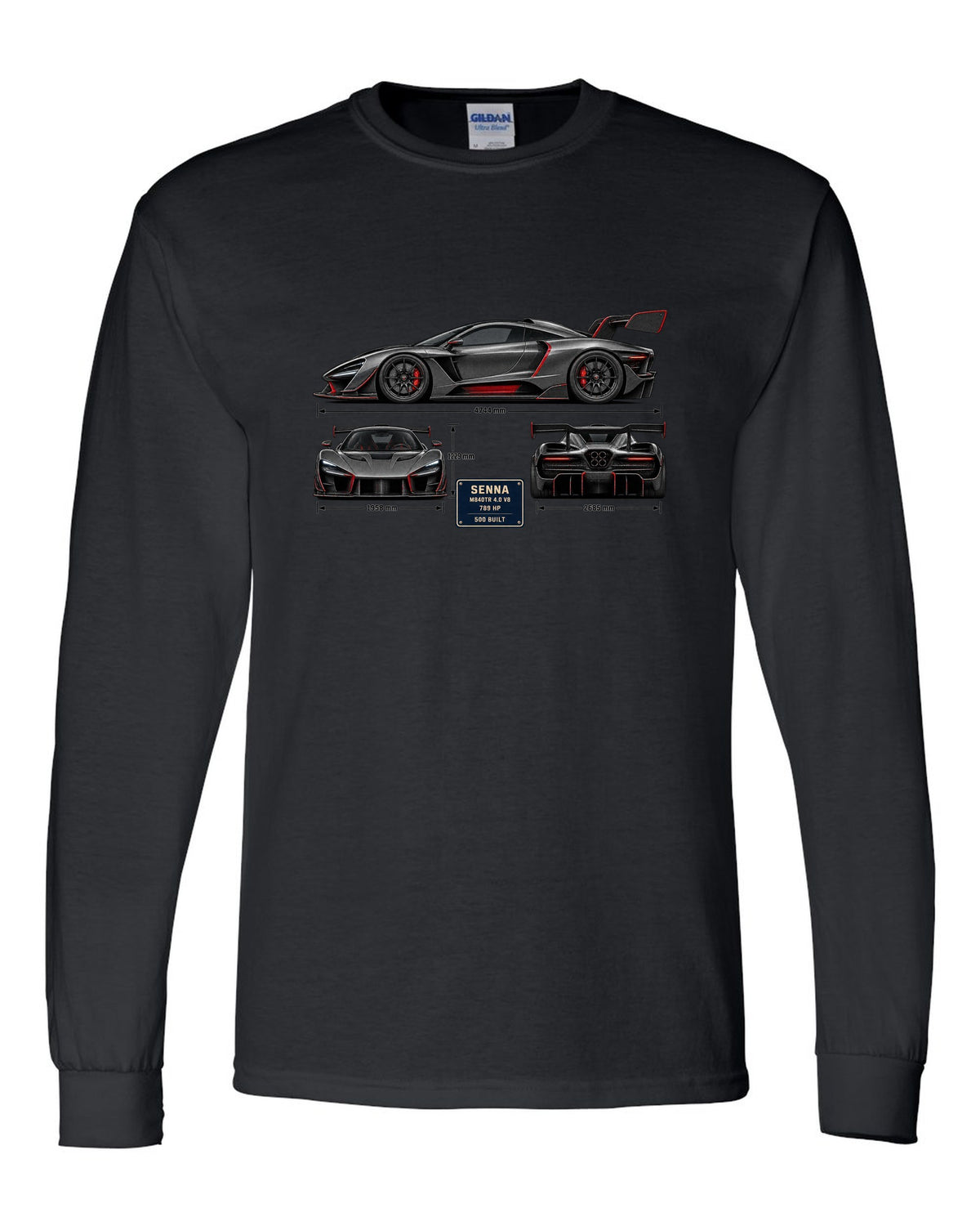 Three-view and spec table print of a McLaren Senna in graphite and red black long sleeve front view with the design