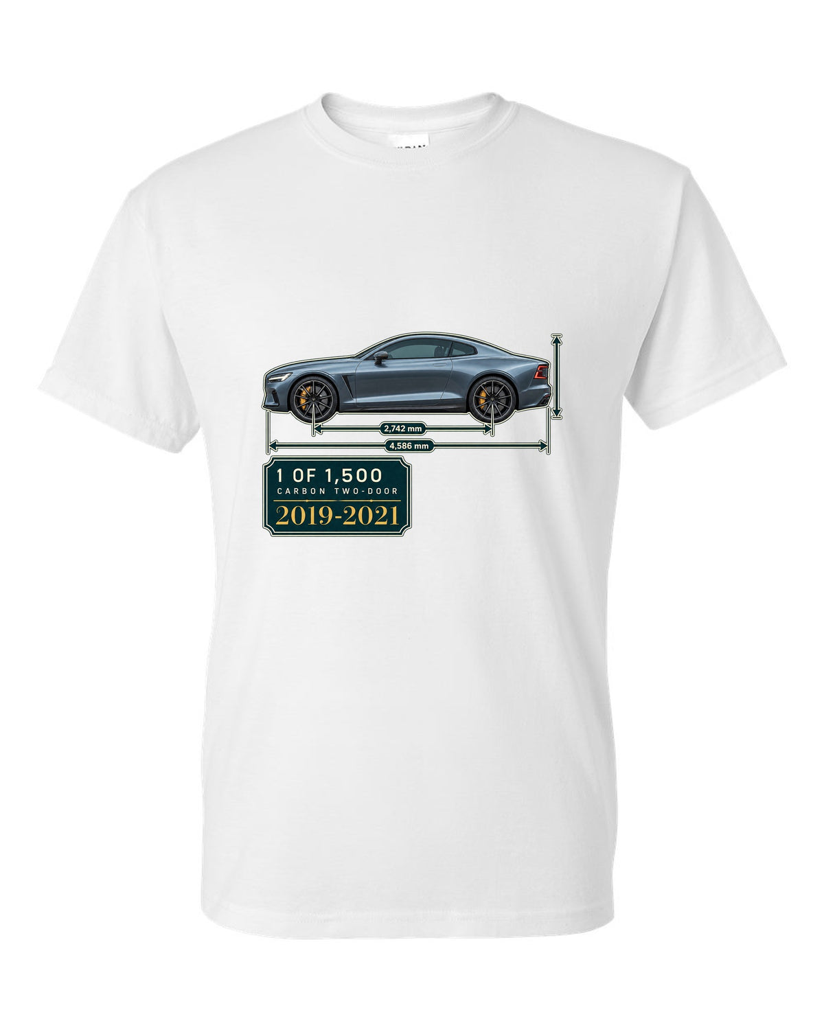 Polestar 1 archive panel print showing 1 of 1,500 carbon two-door white t-shirt front view with the design