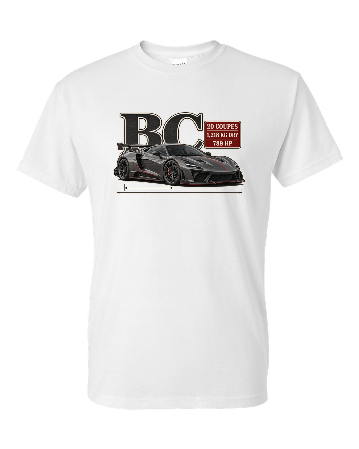 Archive panel print of the Pagani Huayra BC with the text BC, 20 coupes, 1,218 kg dry, 789 hp white t-shirt front view with the design