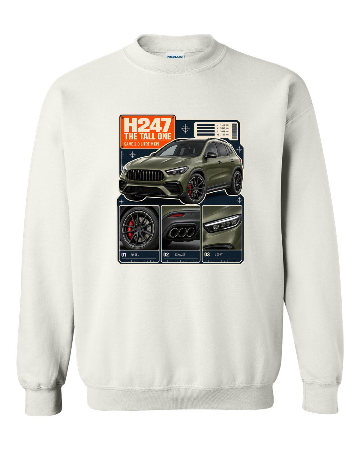 Mercedes-AMG GLA 45 S H247 dossier panel print white crewneck front view with the design