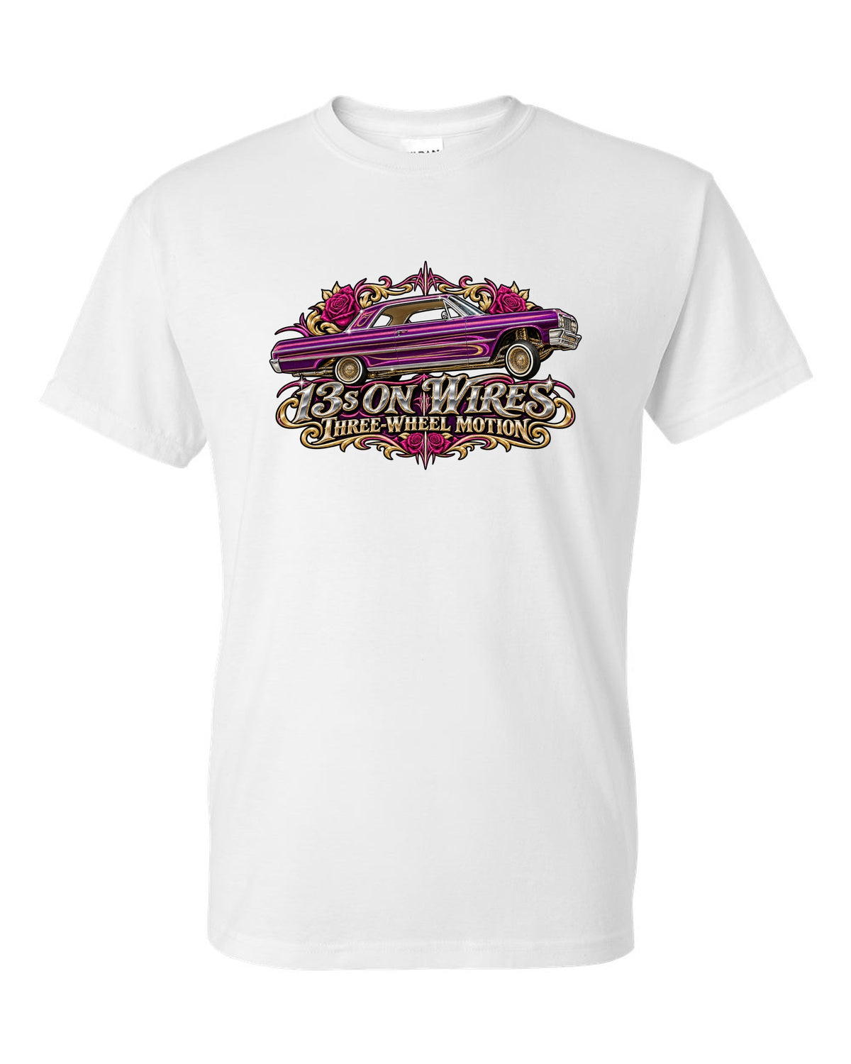 1964 Chevrolet Impala SS lowrider in airbrush style with text 13s on Wires Three-Wheel Motion white t-shirt front view with the design