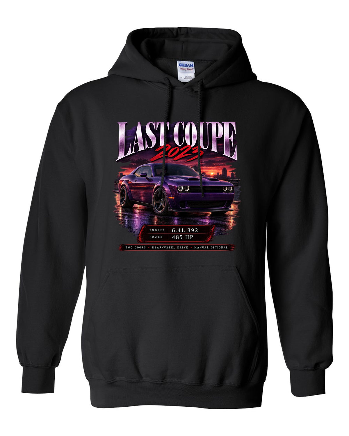 2023 Dodge Challenger Scat Pack Widebody archive panel print with last coupe lettering black pull over hoodie front view with the design