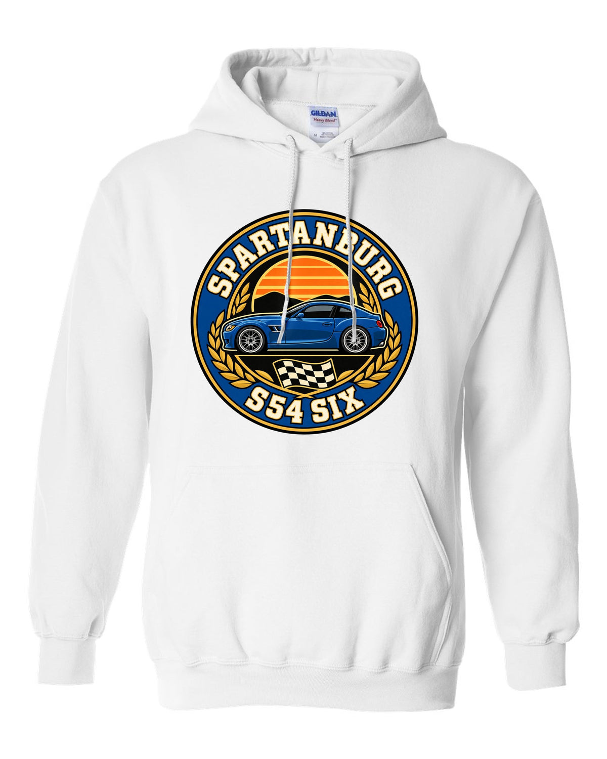 BMW Z4 M Coupe E86 varsity crest print with Spartanburg S54 six text white pull over hoodie front view with the design