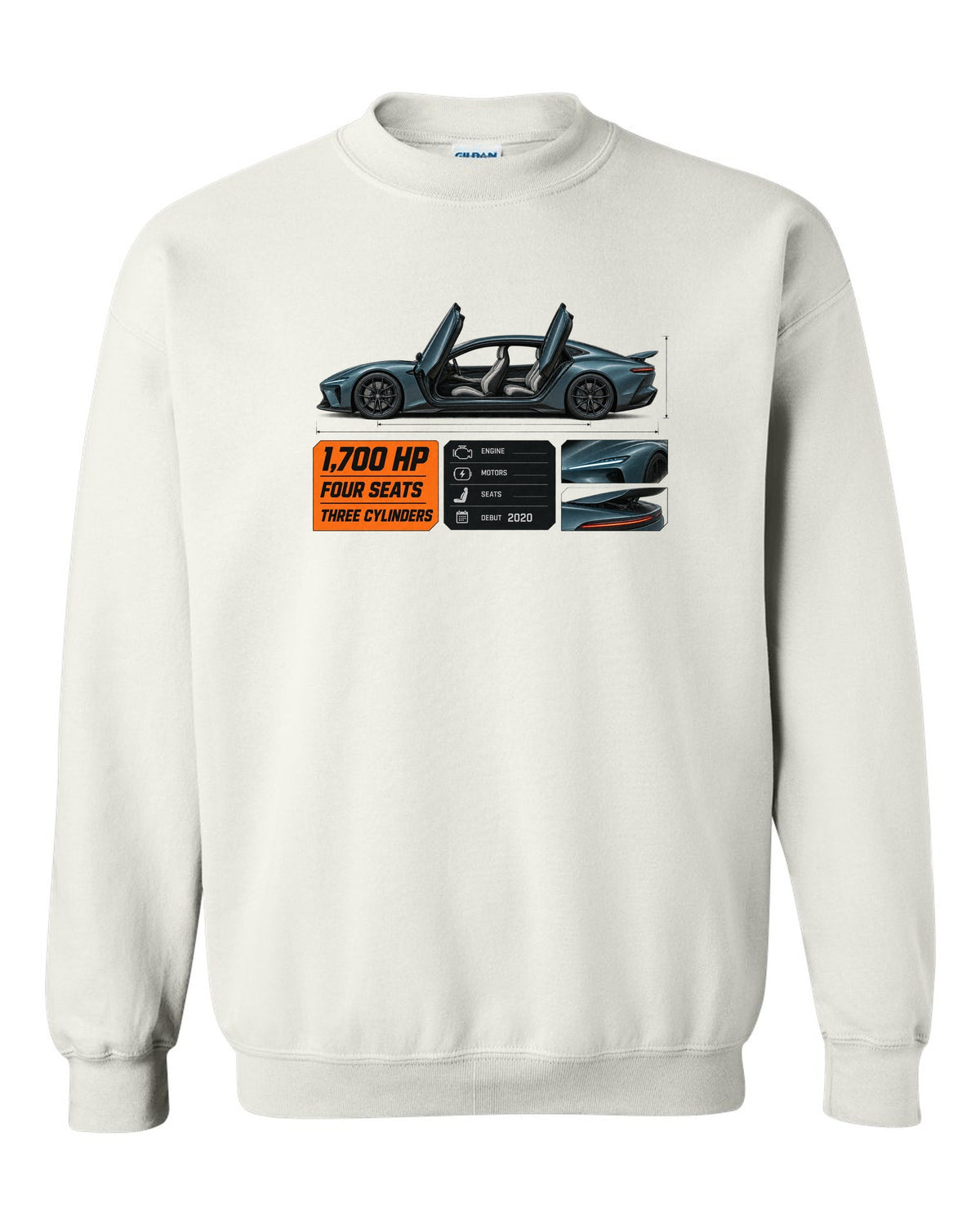 Spec poster of the Koenigsegg Gemera four-seat hypercar, print white crewneck front view with the design