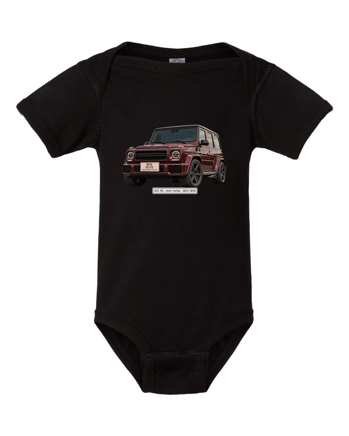 Editorial headline print of a Mercedes-AMG G65 W463 V12 black baby onesie front view with the design