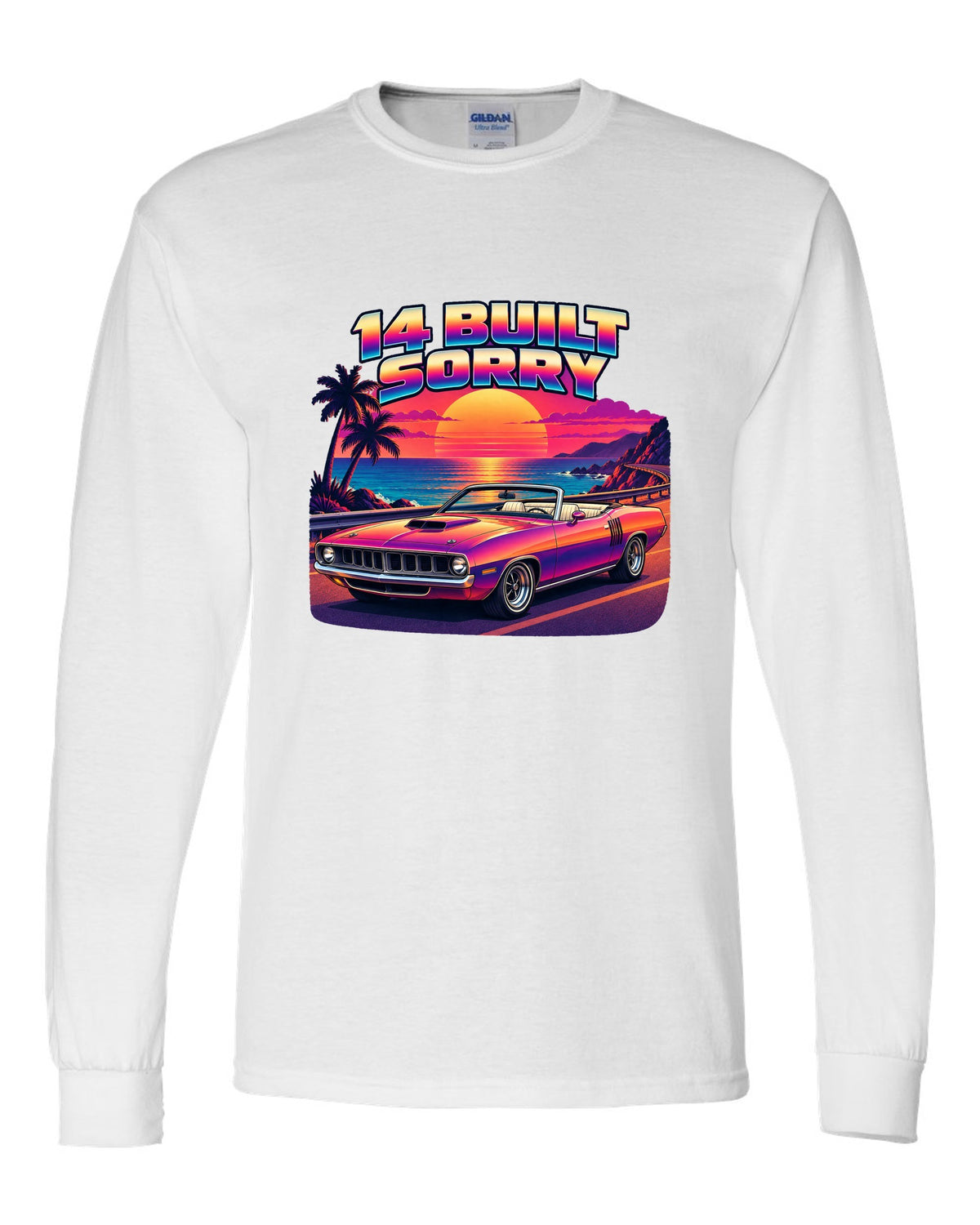 Sunset gradient synth vector print of a 1970 Plymouth Hemi 'Cuda convertible with 14 built text white long sleeve front view with the design