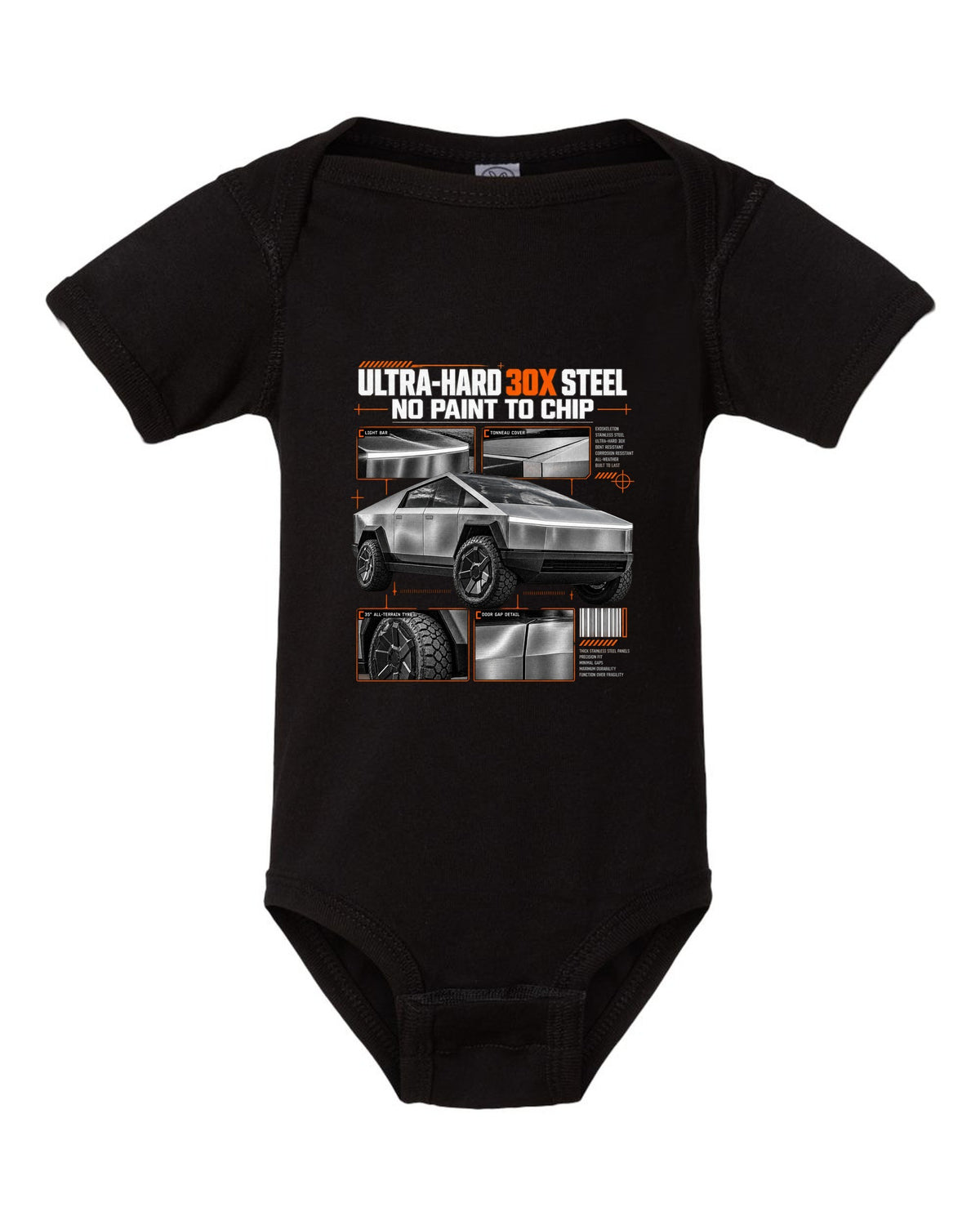 Tesla Cybertruck 2023 dossier panel graphic with ultra-hard 30X steel and no paint to chip black baby onesie front view with the design