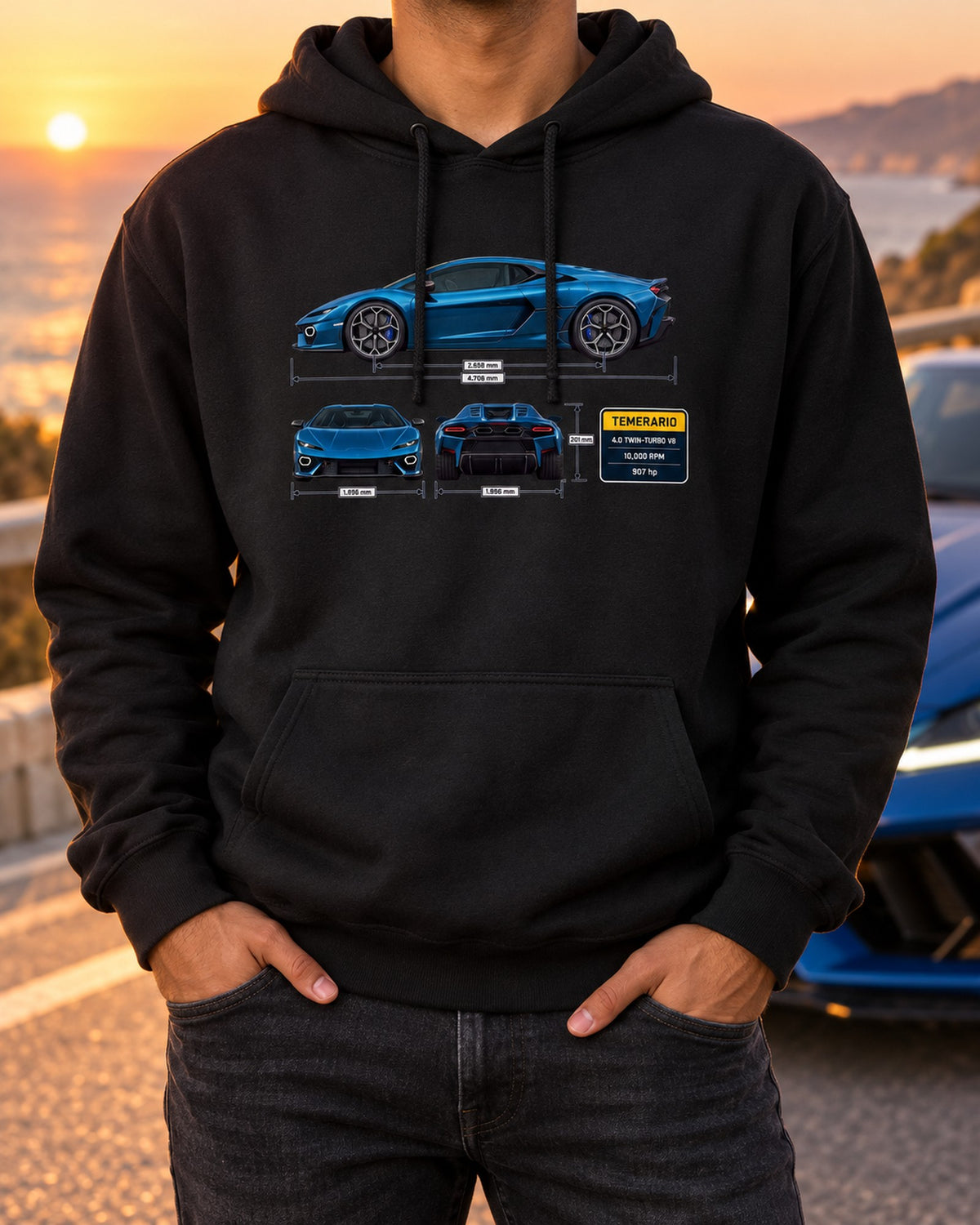 Lamborghini Temerario Three-View Spec Shirt, Twin-Turbo V8 Pull Over Hoodie Black worn hero
