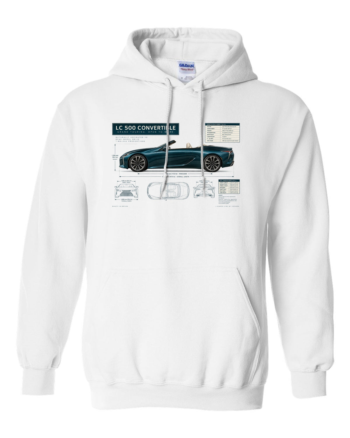 Dimension blueprint of the Lexus RC F with engine code and power figure white pull over hoodie front view with the design