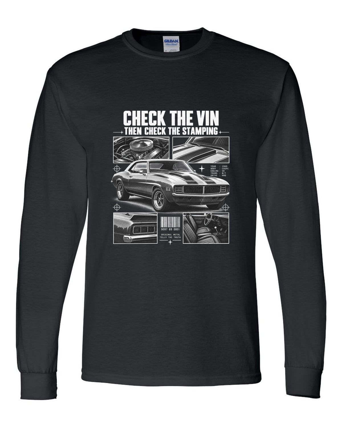 Dossier-panel print of a 1969 Chevrolet Camaro with check the VIN and stamping text black long sleeve front view with the design