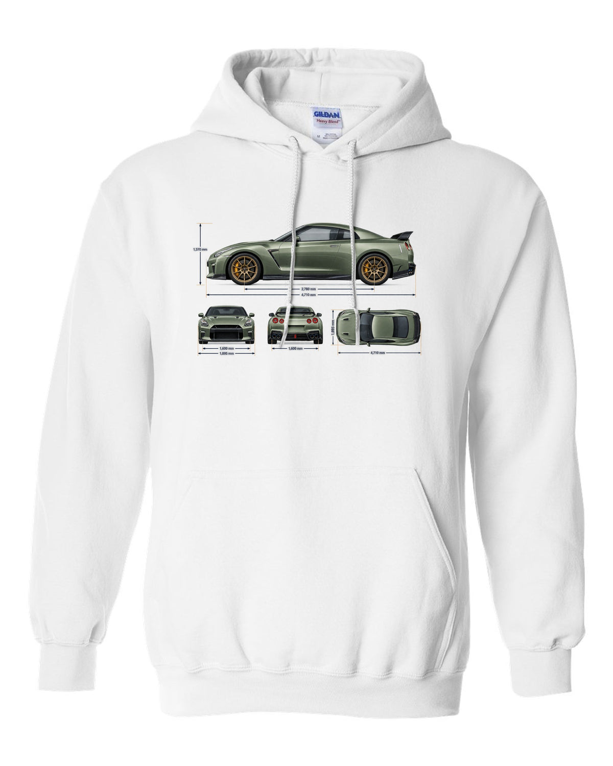 Nissan GT-R R35 rear three-quarter in red halftone showing four round taillights white pull over hoodie front view with the design