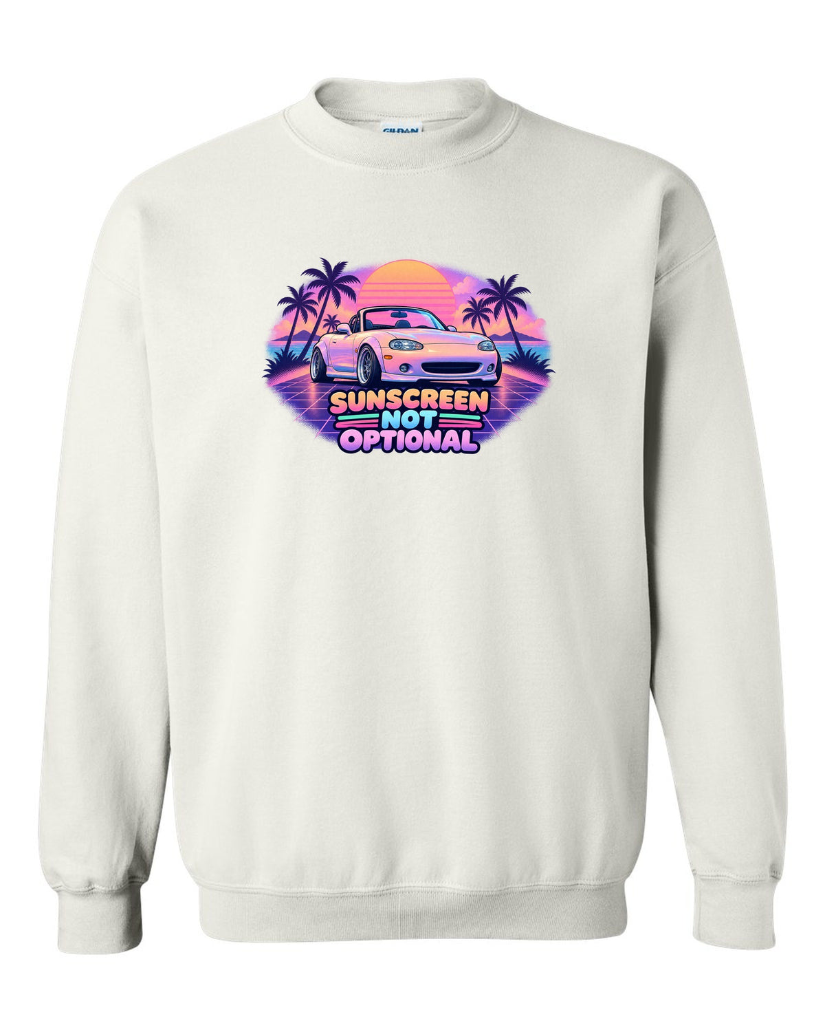 Vaporwave pastel print of a Mazda MX-5 NB Miata with the roof down and the text Sunscreen Not Optional white crewneck front view with the design