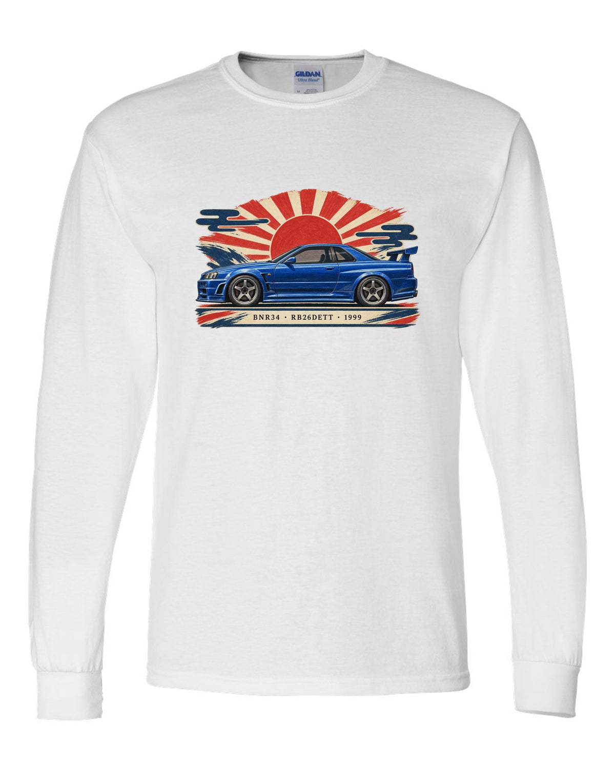 Retro Japanese Showa catalogue ad style print of a 1999 Nissan Skyline GT-R BNR34 with RB26DETT lettering white long sleeve front view with the design