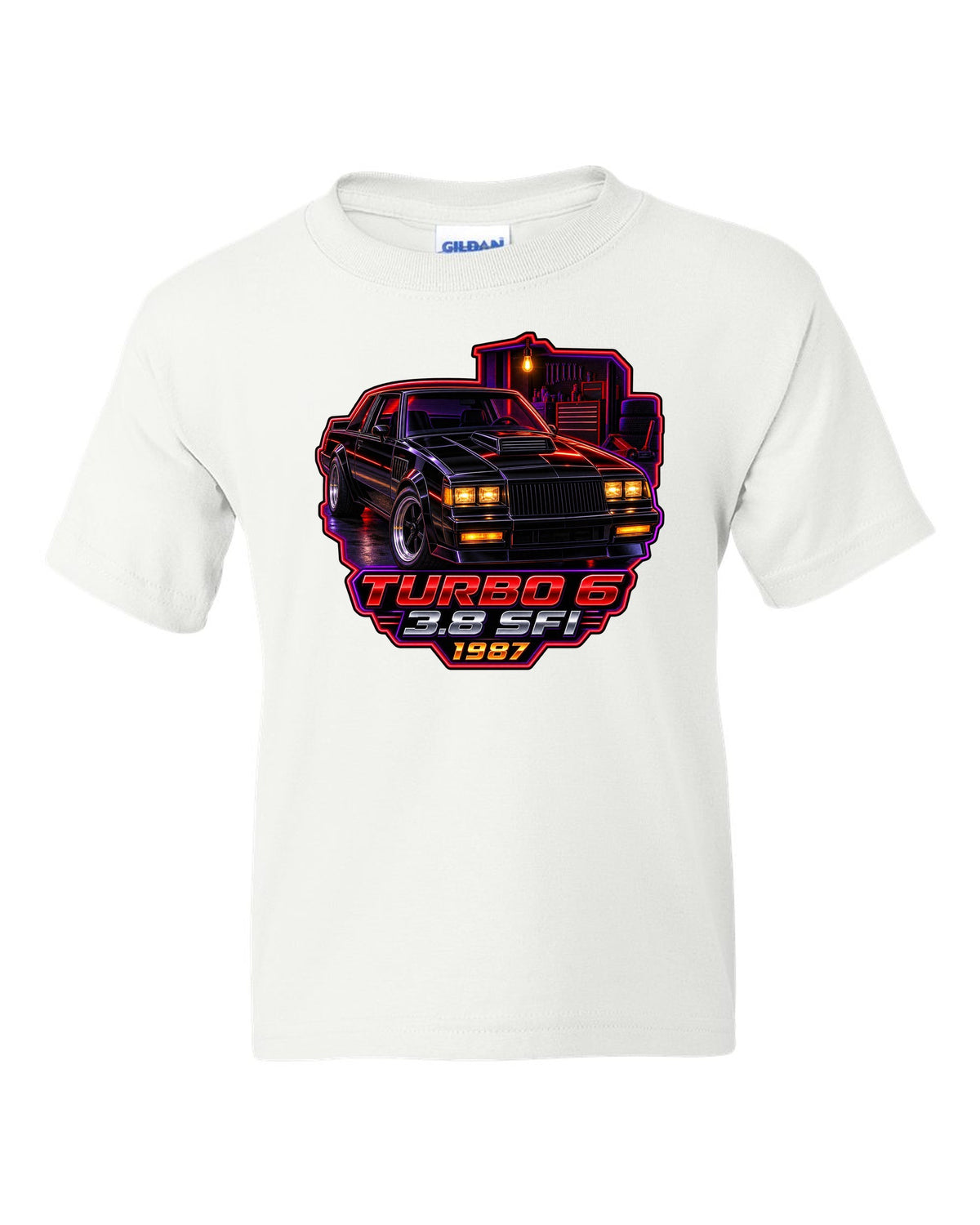 1987 Buick Regal turbo coupe in a neon-lit night garage white kids tee front view with the design