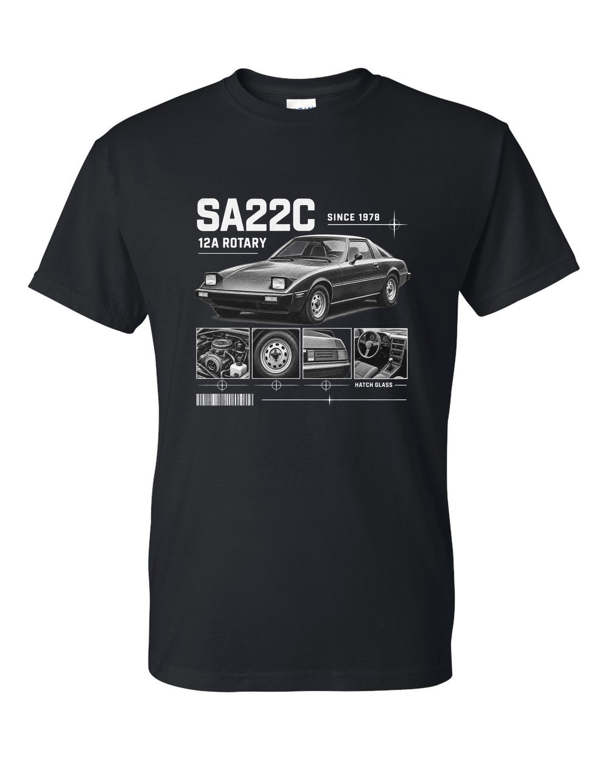 Dossier panel print of a Mazda RX-7 SA22C with 12A rotary lettering black t-shirt front view with the design