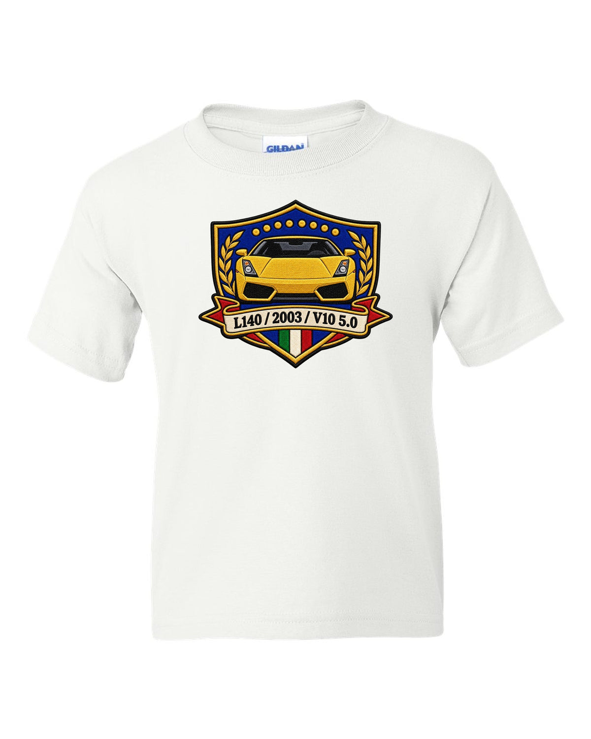 Embroidery-style crest for a 2003 Lamborghini Gallardo L140 with V10 5.0 text white kids tee front view with the design