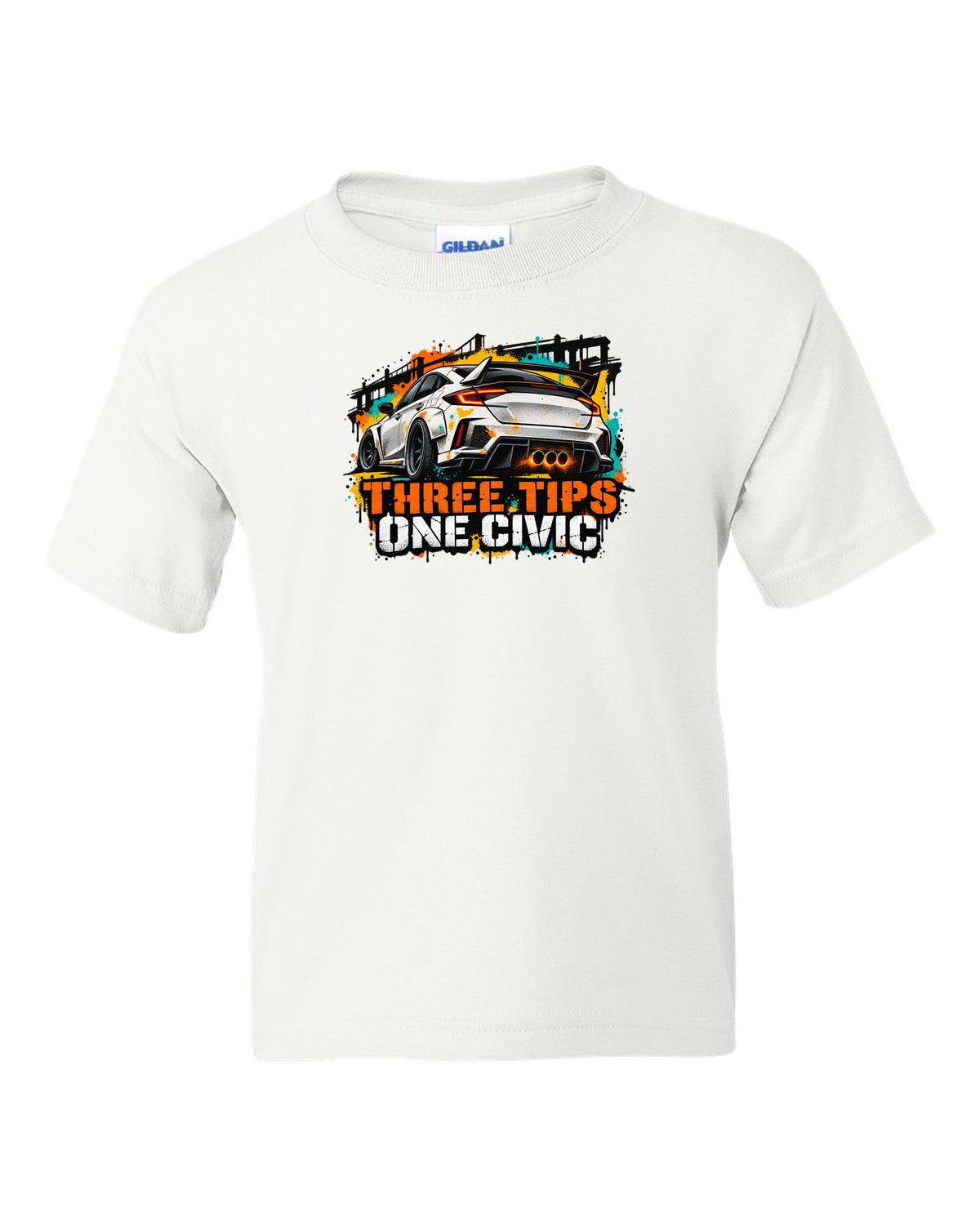 Stencil spray street art print of a 2023 Honda Civic FL5 ch with three tips one Civic text white kids tee front view with the design