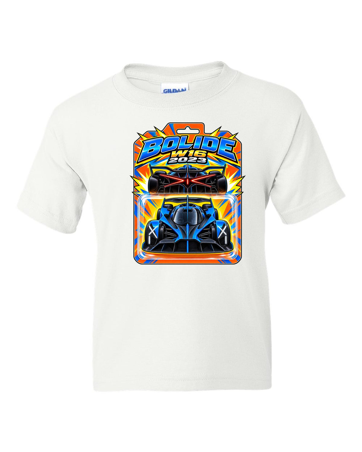Hot Wheels-style toy blister card illustration of the Bugatti Bolide with BOLIDE W16 2023 lettering white kids tee front view with the design