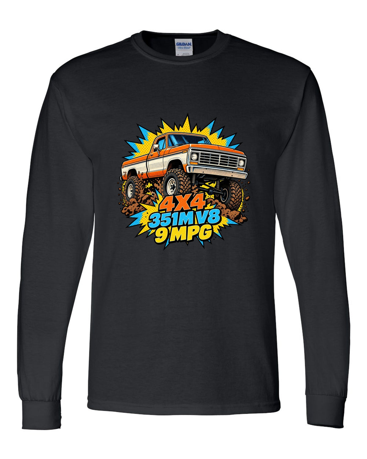 Dent-Side Ford F-150 Comic Halftone Pop-Art Workshop Tee black long sleeve front view with the design