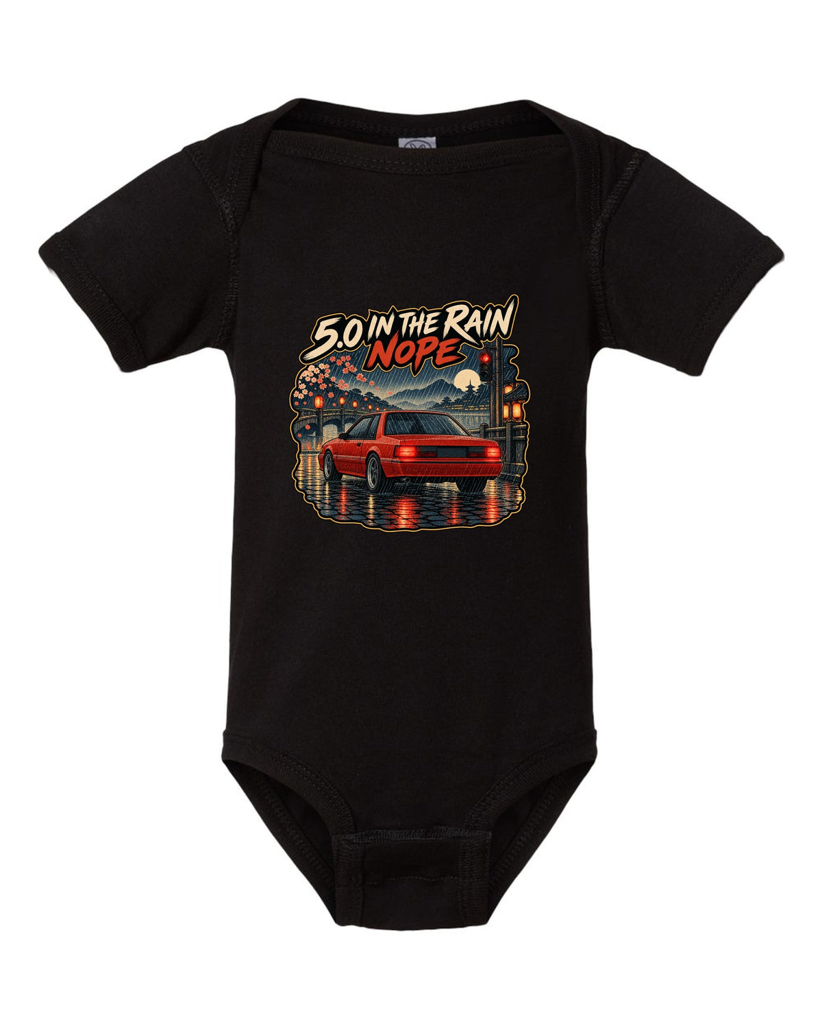 Woodblock style 1990 Ford Mustang Fox Body notchback in rain with 5.0 caption black baby onesie front view with the design