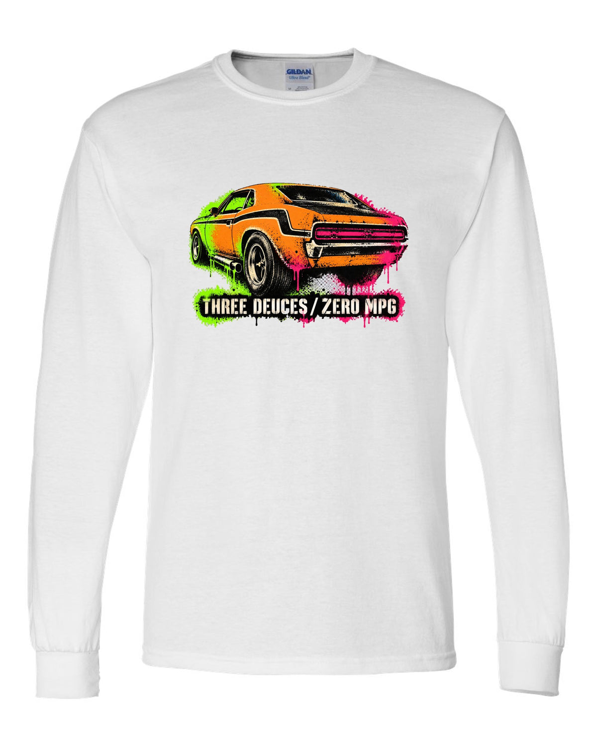 1970 Dodge Challenger T/A gas-station stencil spray paint print with Three Deuces Zero MPG text white long sleeve front view with the design