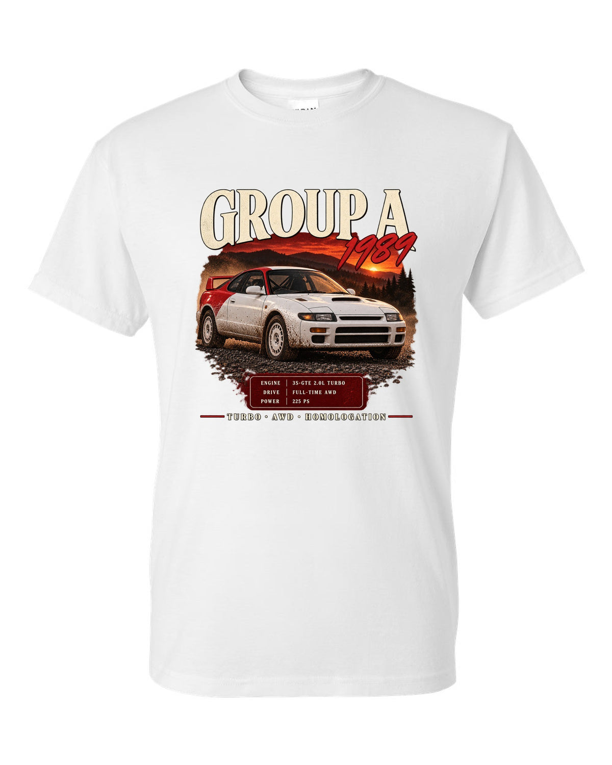 Archive panel print of a Toyota Celica GT-Four ST185 with Group A 1989 specs white t-shirt front view with the design