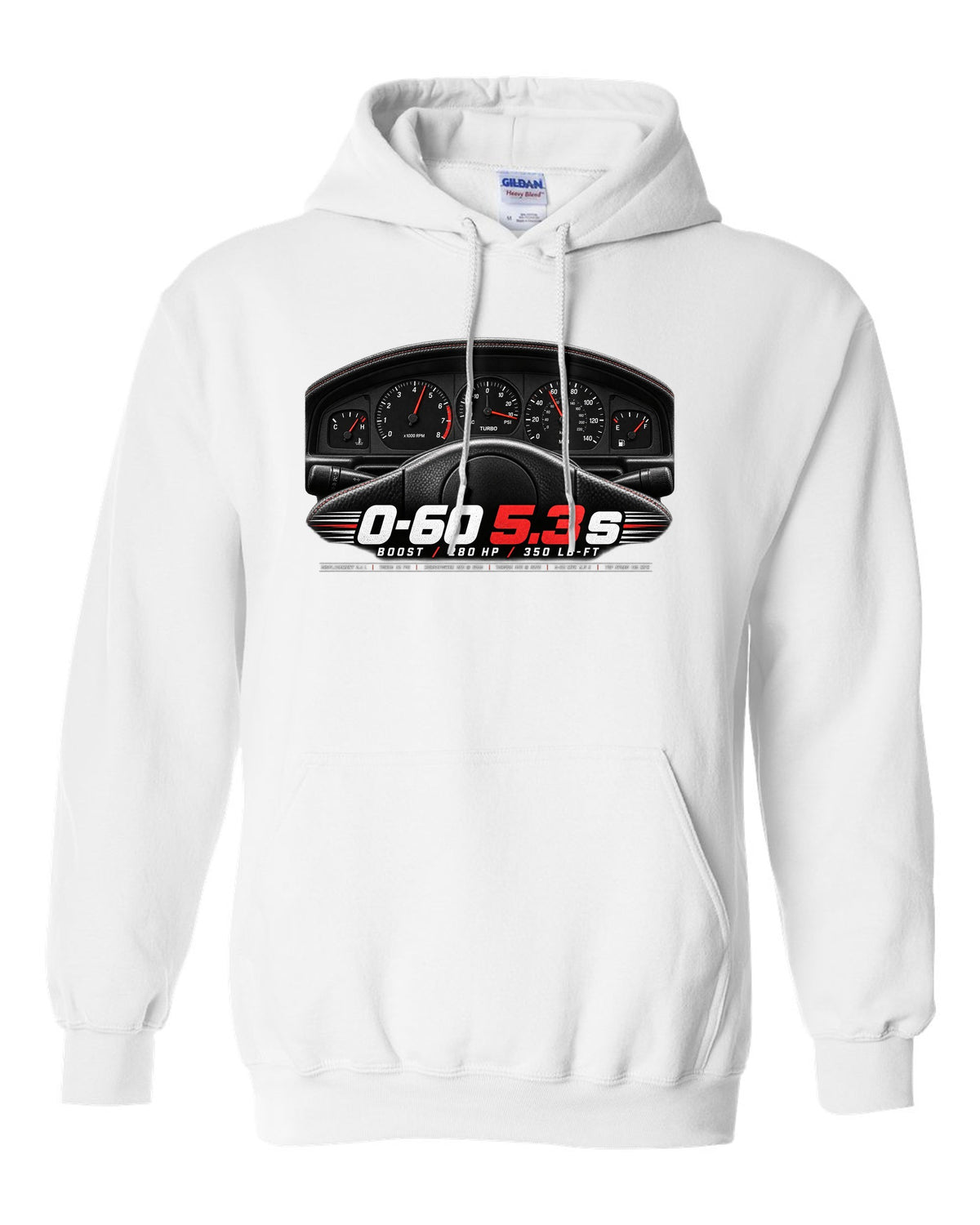 print of a 1991 GMC Syclone gauge cluster crop with boost and speed figures white pull over hoodie front view with the design