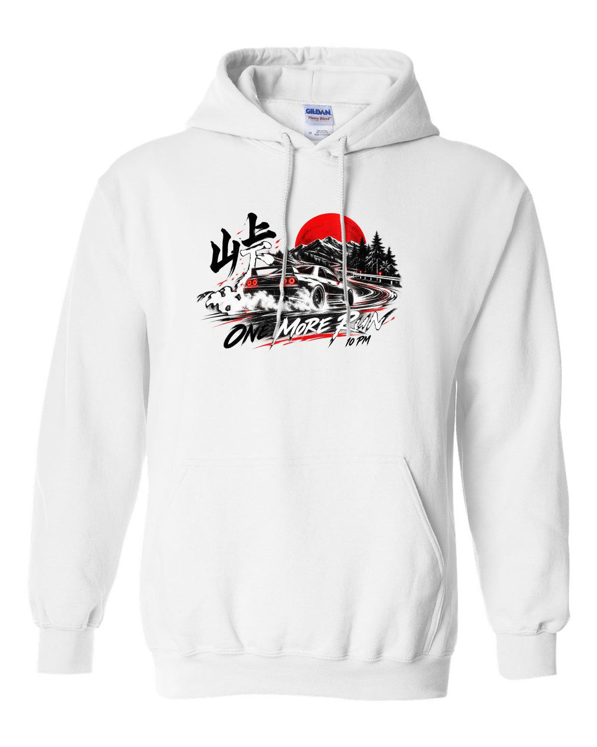 Night cornering print of a Mazda RX-7 FD3S with one more run lettering white pull over hoodie front view with the design