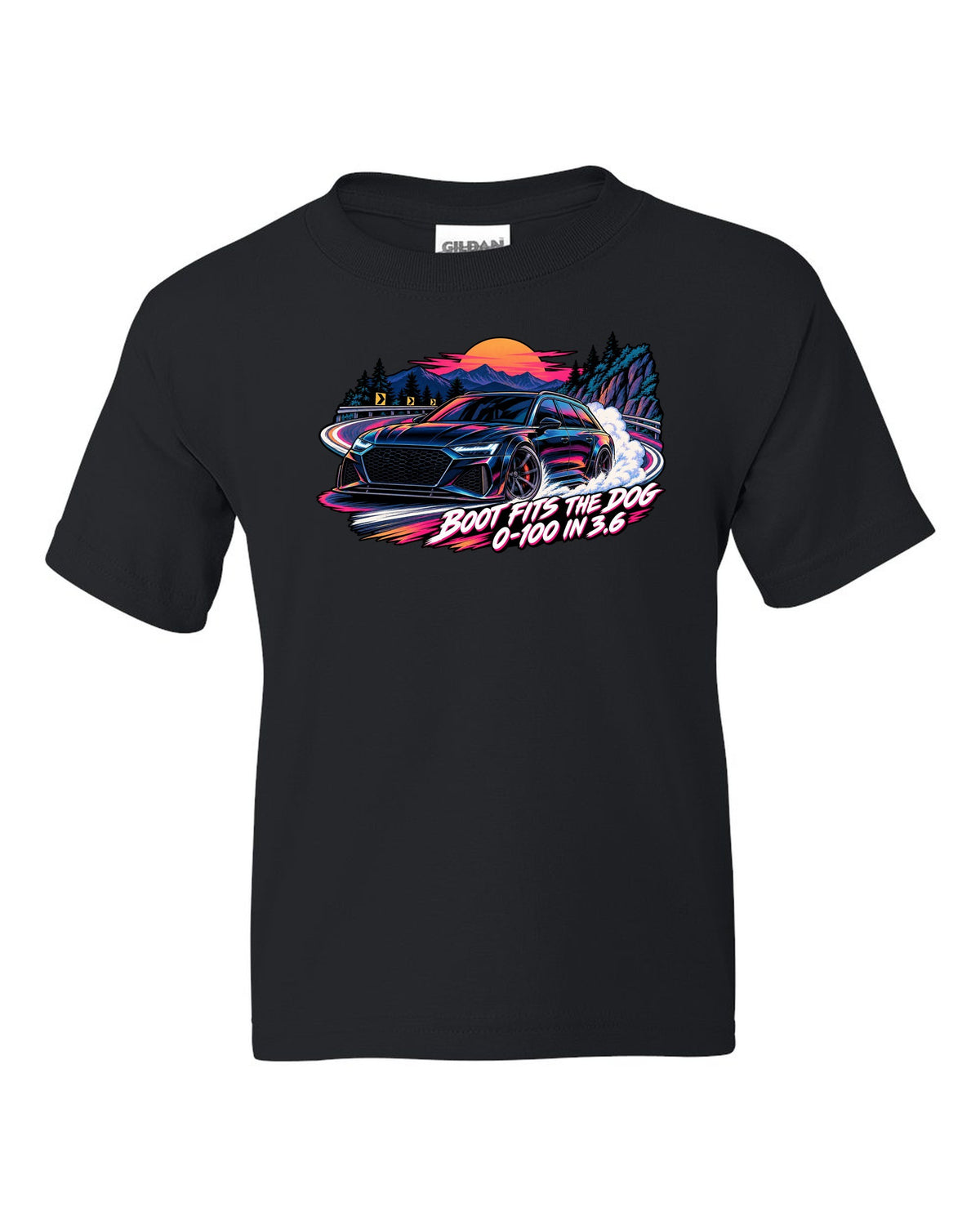 Cel-shaded anime night touge design of the Audi RS6 Avant C8 with boot fits the dog lettering black kids tee front view with the design